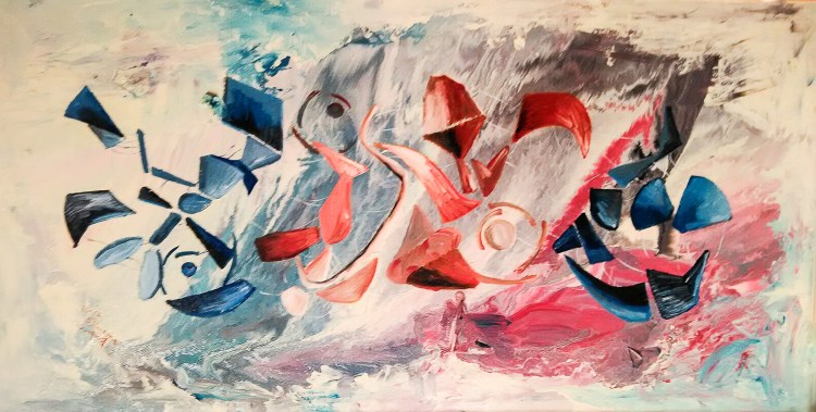 Blue and red floating abstract shapes