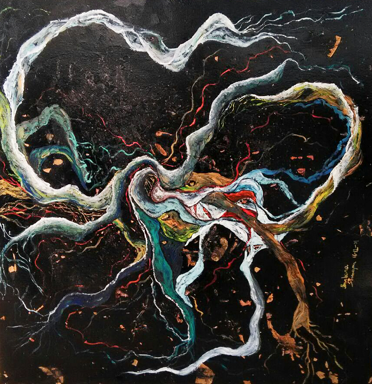 high contrast abstract painting in yellow, white, orange, brownish, pink, green, red, blue and light blue bended lines on black spotted enamel rough texture background, with nuances and shades.