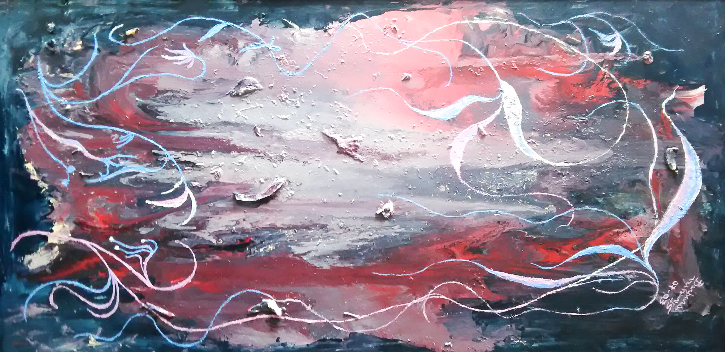 Fairlmood in leaf like shapes and branches with lines on blue, white, red, violet, pink white enamel rough texture background, with sunset nuances and shades.