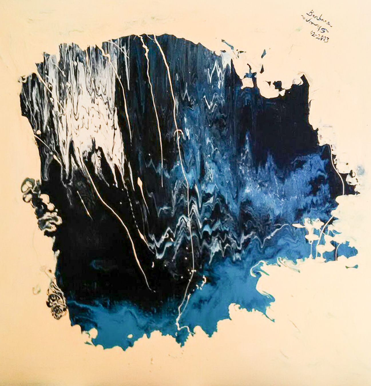 creamy white, light blue, dark blue, white, fluid colored cave like artwork with nuances, lines and shades.