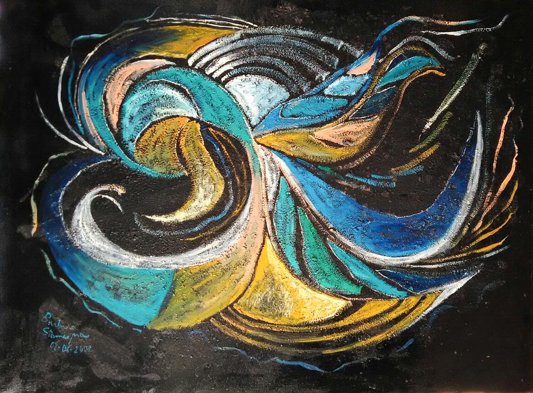 Sun and Moon light like shapes in yellow, white, pink, blue, green and light blue, with rounded figures and bending lines on black enamel rough texture background