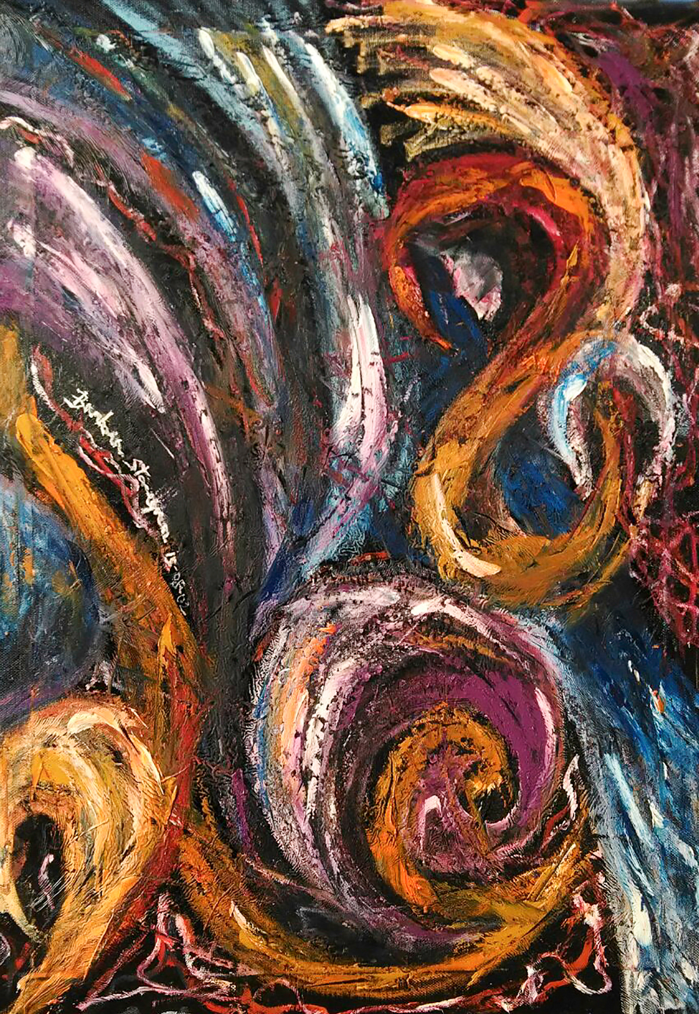 Yellow, white, orange, brownish, pink, purple, blue and light blue rounded shapes and bending lines on black enamel rough texture background, with nuances and shades.