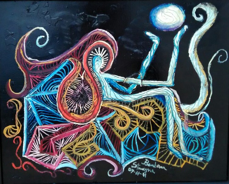 Abstract high contrast image in dark red, orange, white, pink, yellow, purple, blue, light blue colors of a sitting abstract figure