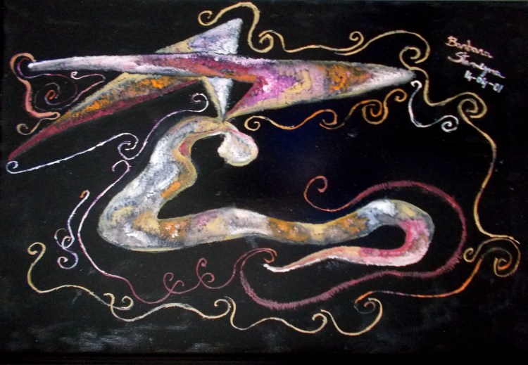 Abstract resting curved image in dark pink, light pink, white, pink, yellow, orange, gray colors of a human-angel like figure with curls and bended lines on black enamel background, with nuances.