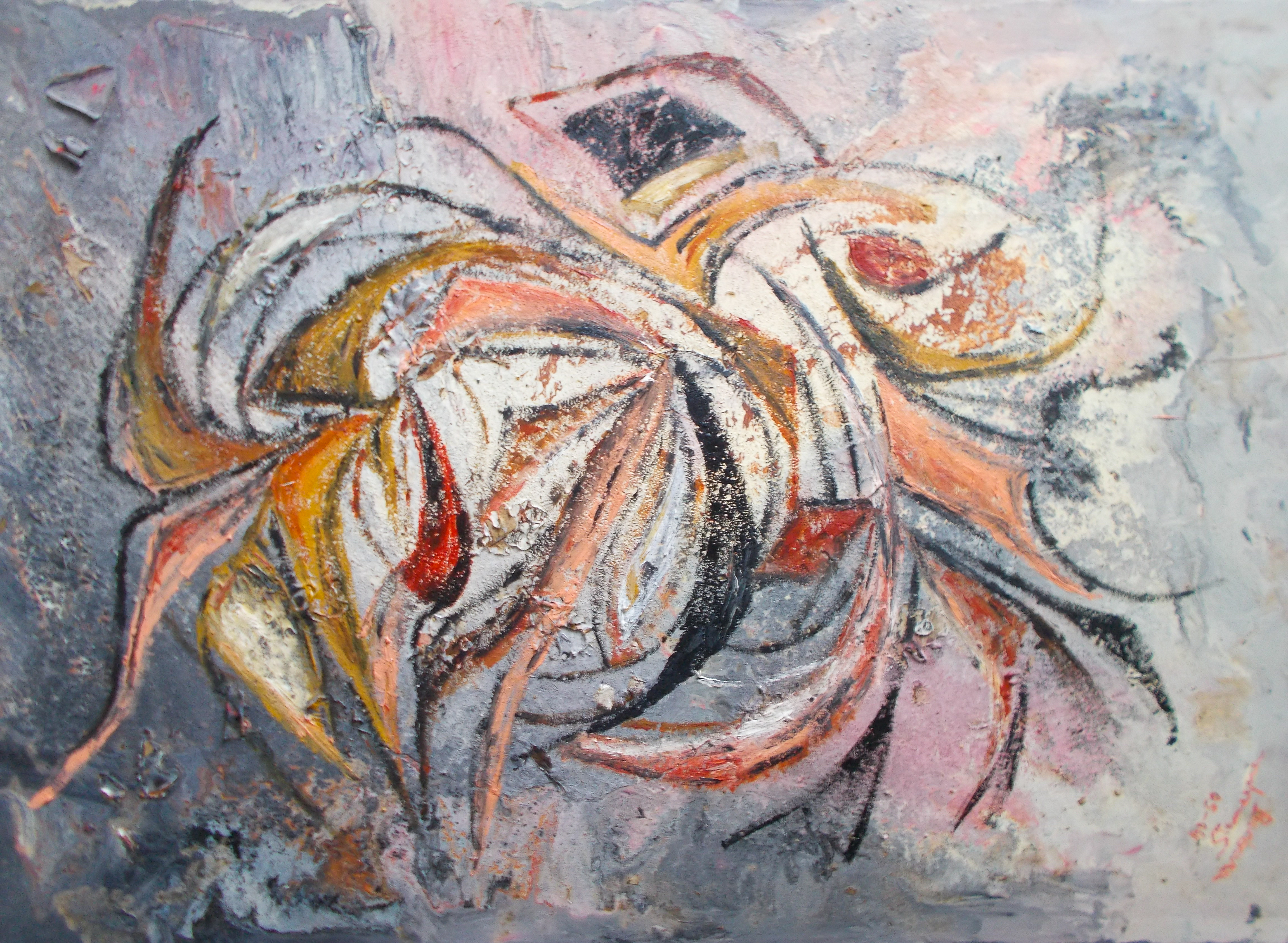 Abstract ash and ember like composition in gray, white, pink, orange, black, brownish and reddish tones curved shapes and bended lines