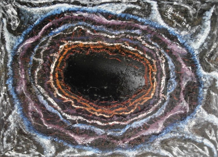 irregular concentric shapes with a central black hole like figure