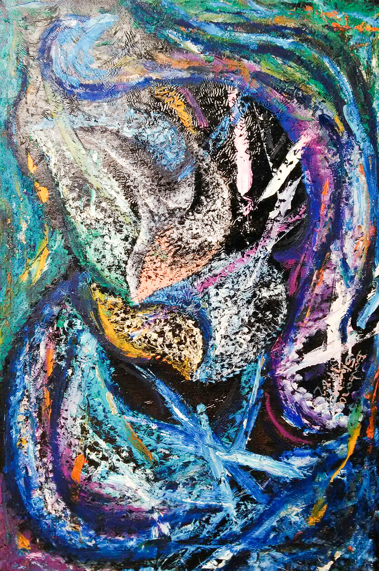 blue lily like abstract image with rounded shapes and bending lines on black enamel rough texture background, with nuances and shades