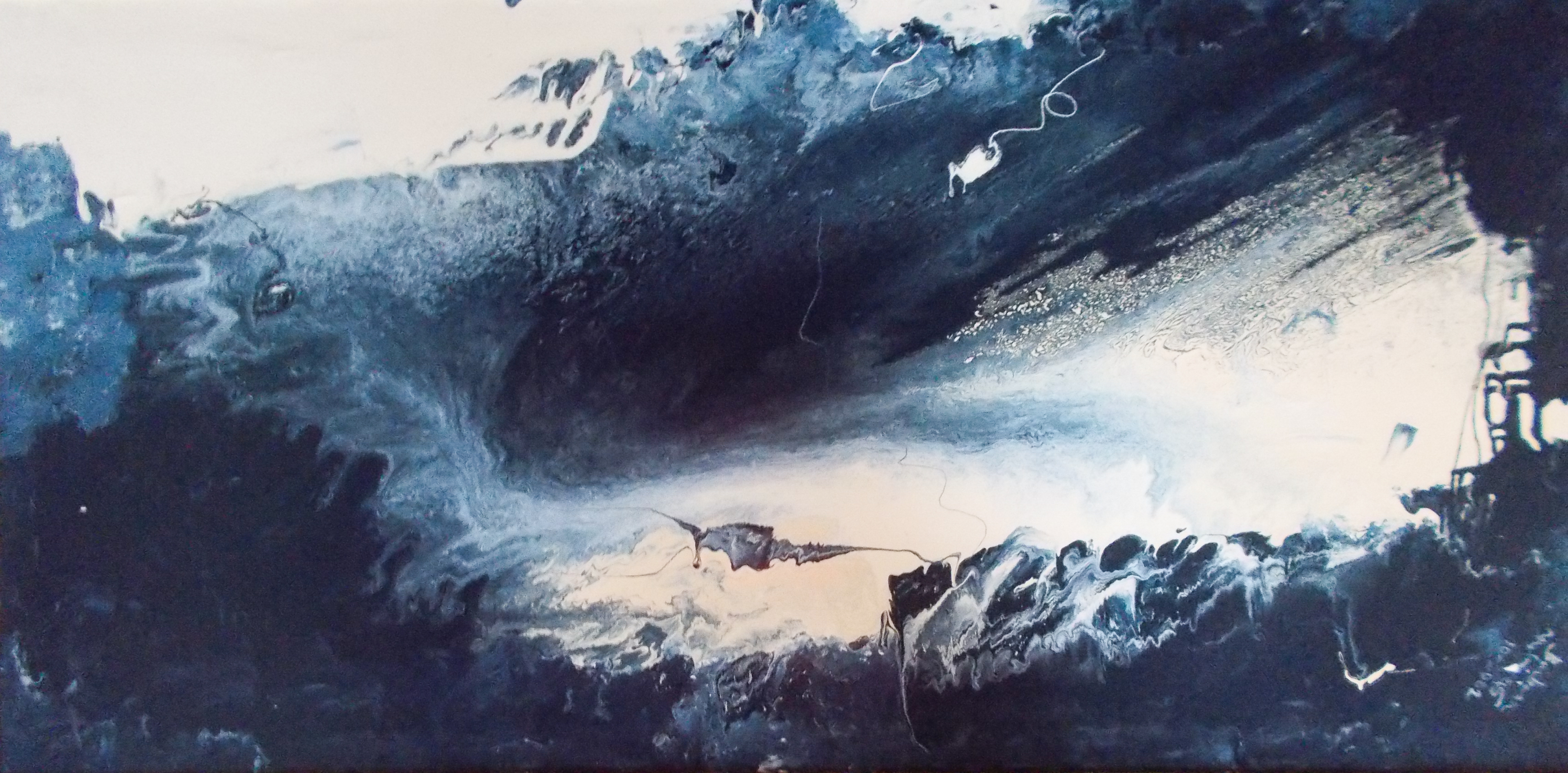 Blue vision abstract image with sea/sky vortex like figure in dark blue, white, creamy white tones with nuance