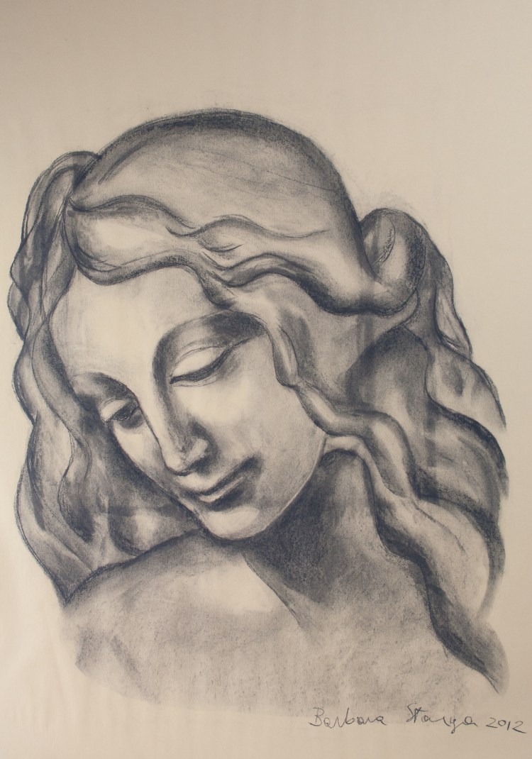 Charcoal drawing on paper representing a young lady with a dreaming expression.