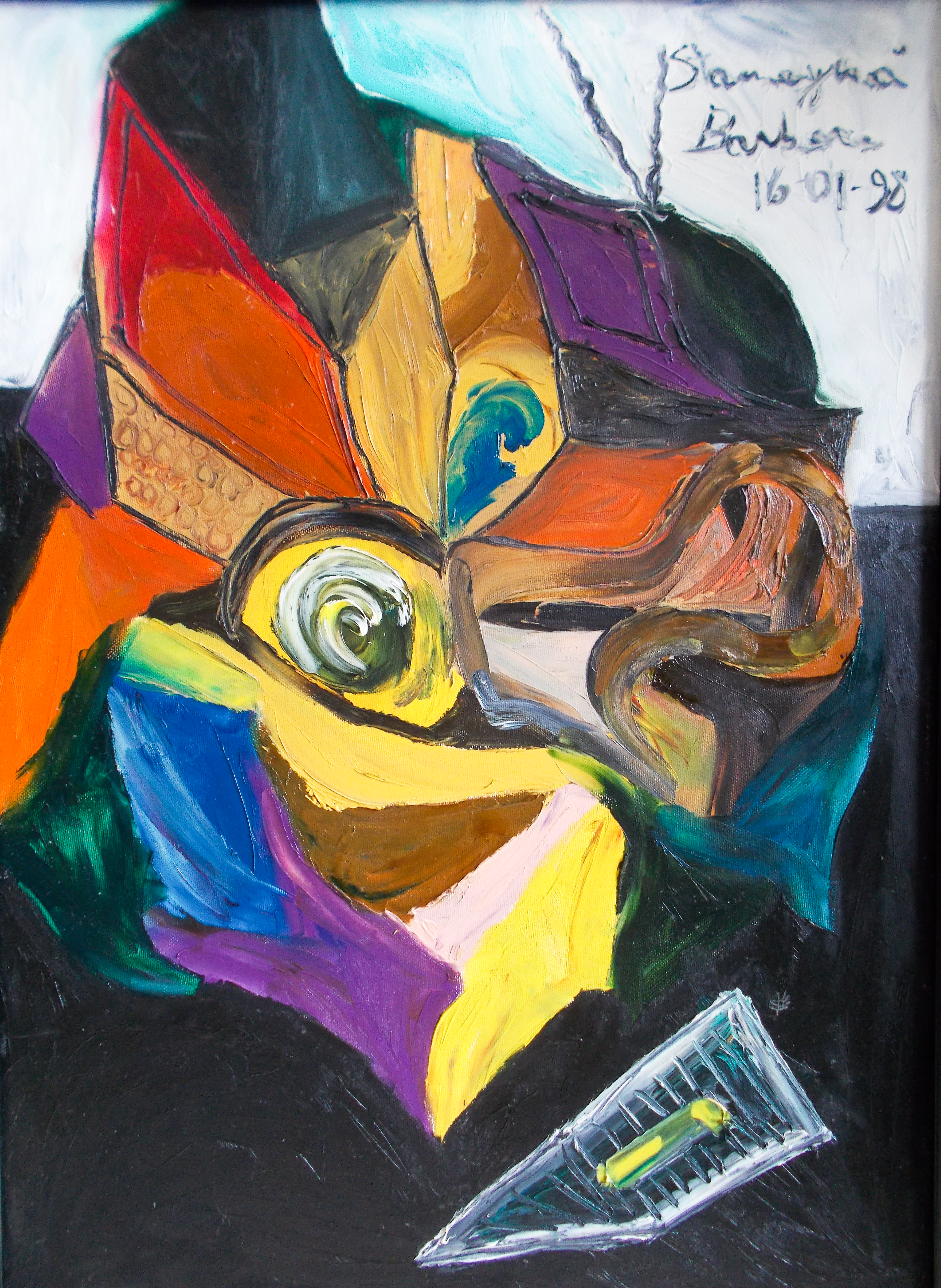 White, yellow, black, blue, green, orange, red, purple, brown, pink tones abstract living room like image with curved and geometric shapes on black, white and green background with nuances.