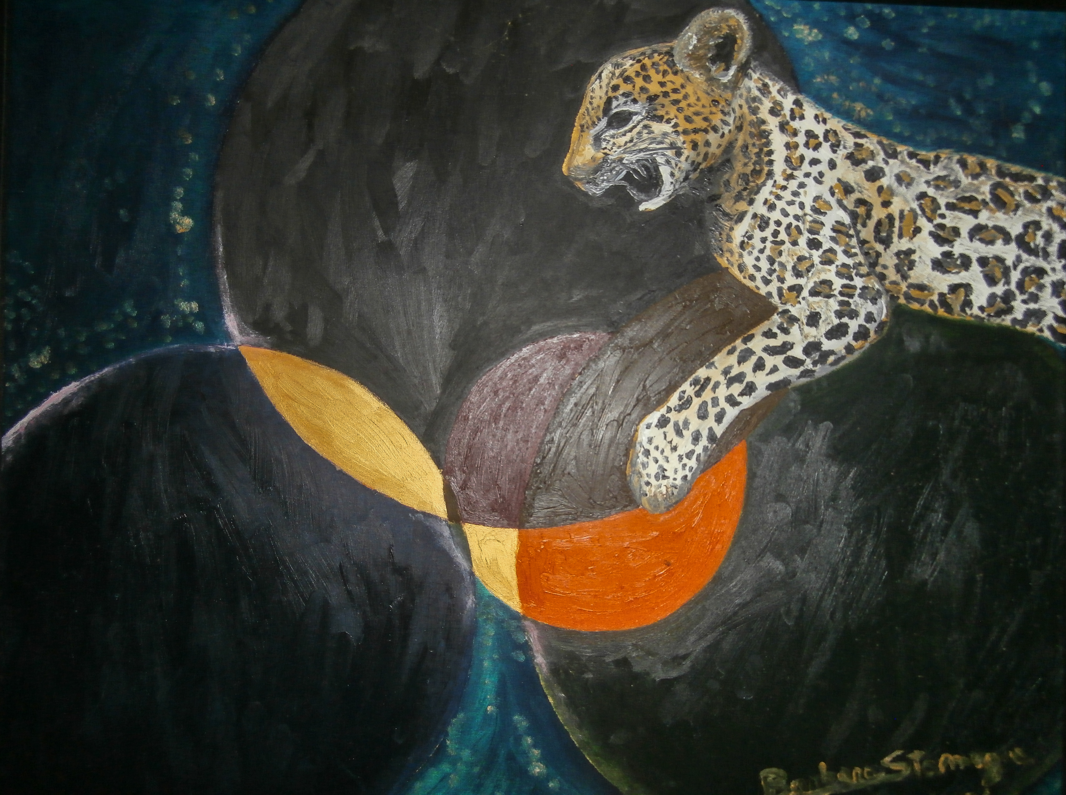 leopard on overlapping circles planet like shapes background in brown, white, black, yellowish,