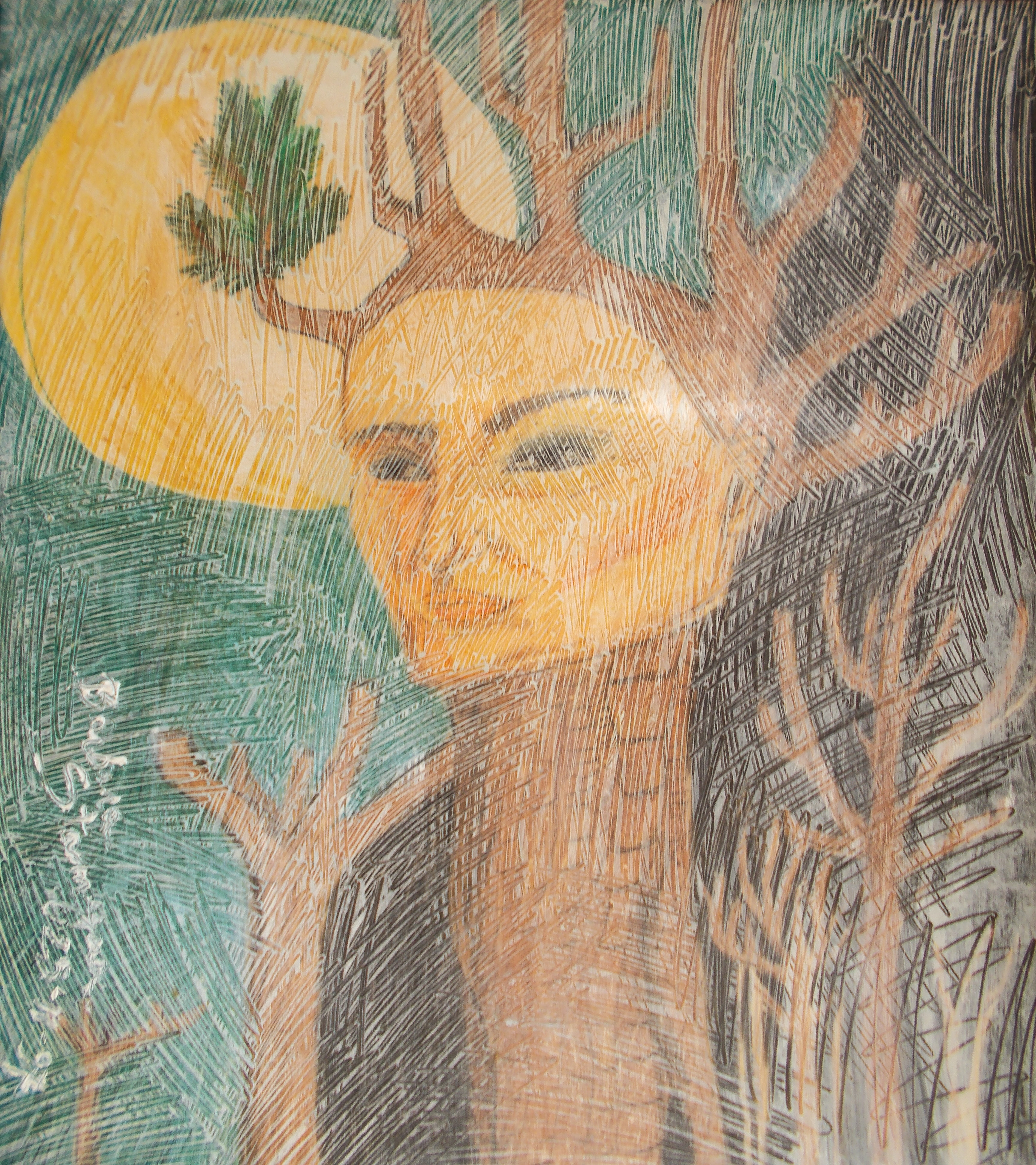 abstract human tree like image with sun and branches like shapes