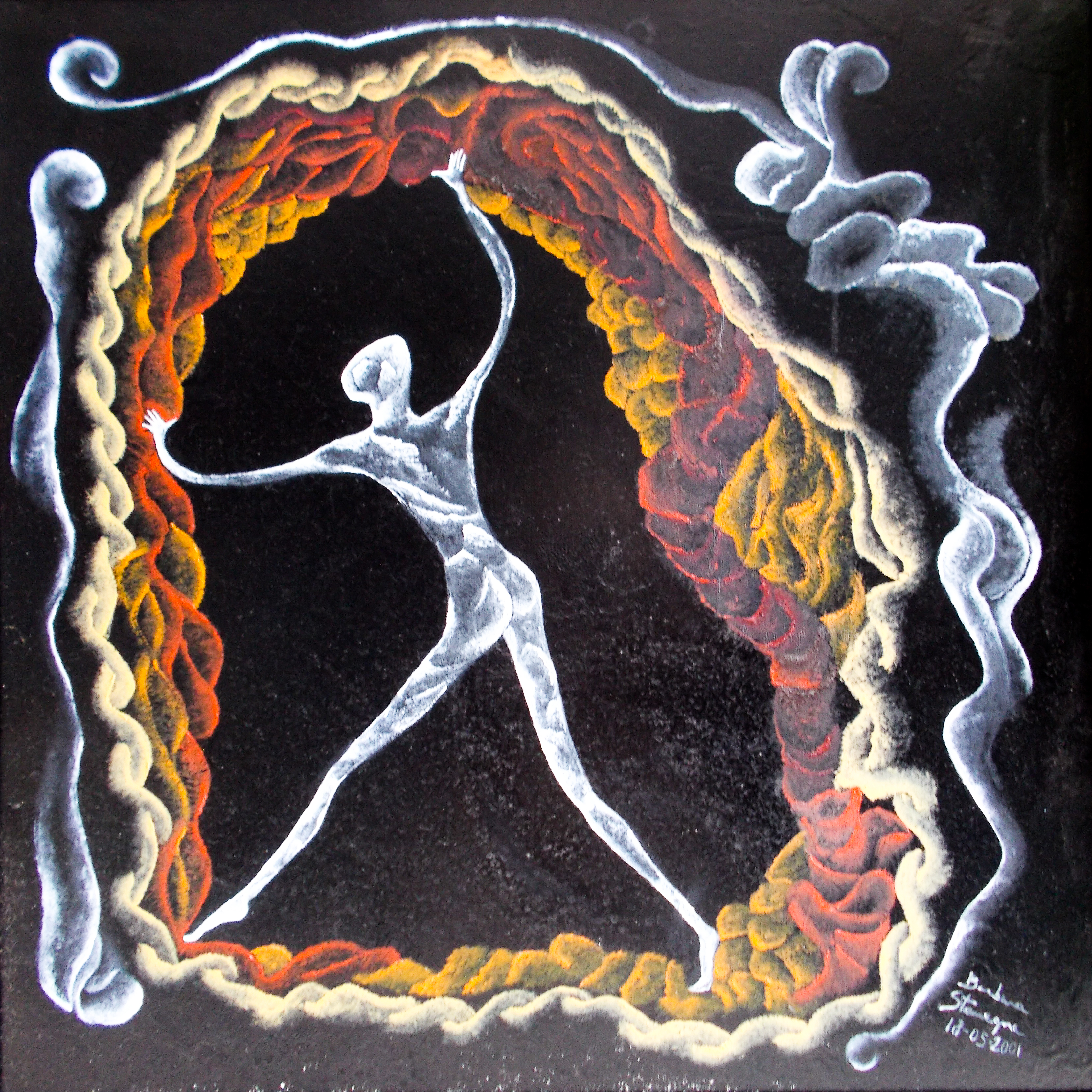 Living space like image in white, red, orange, light pink tones with an abstract human like standing figure with curved braided rope like shapes and bended lines