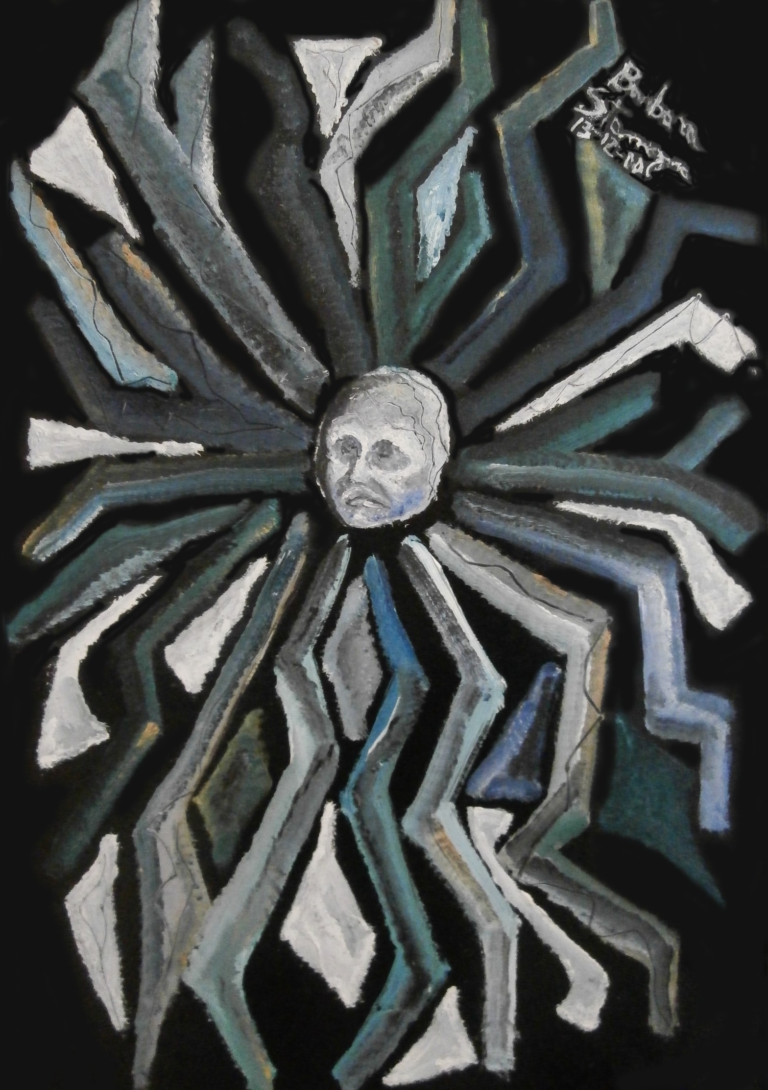 central human head figure and geometric tentacles like shapes on black enamel background.