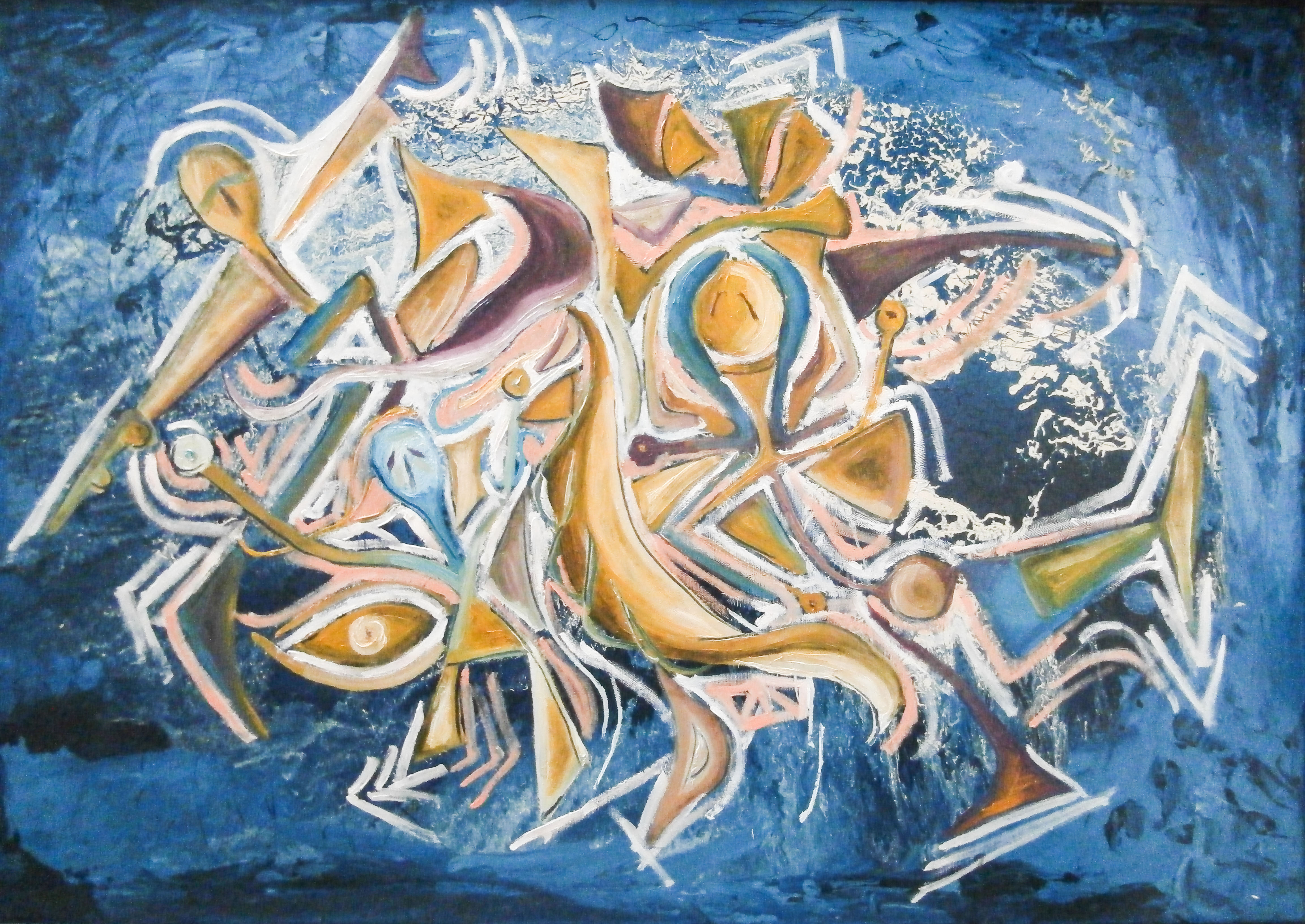 human figures like shapes and bended and geometric lines on tones of blue, dark blue and white mottled enamel background,