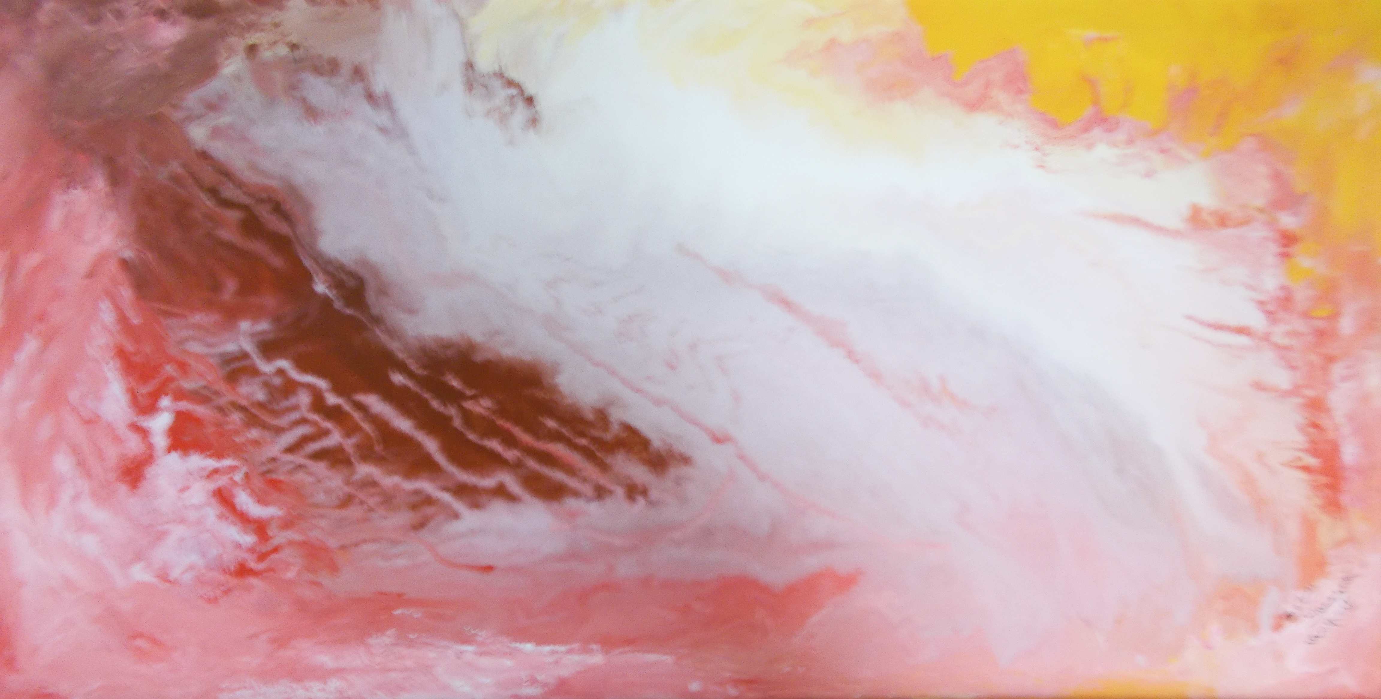 Abstract ongoing red marble like image in creamy white, red, yellow, pink, brownish, peach fluid tones