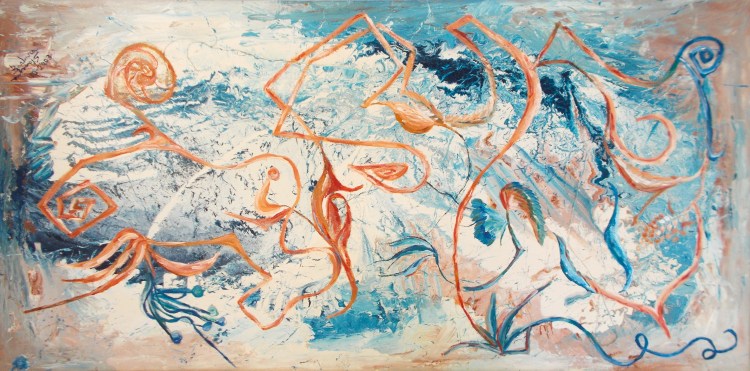 Peach, red, white, blue tones abstract plants/branches like image with bended and geometric lines and curved shapes with curls 