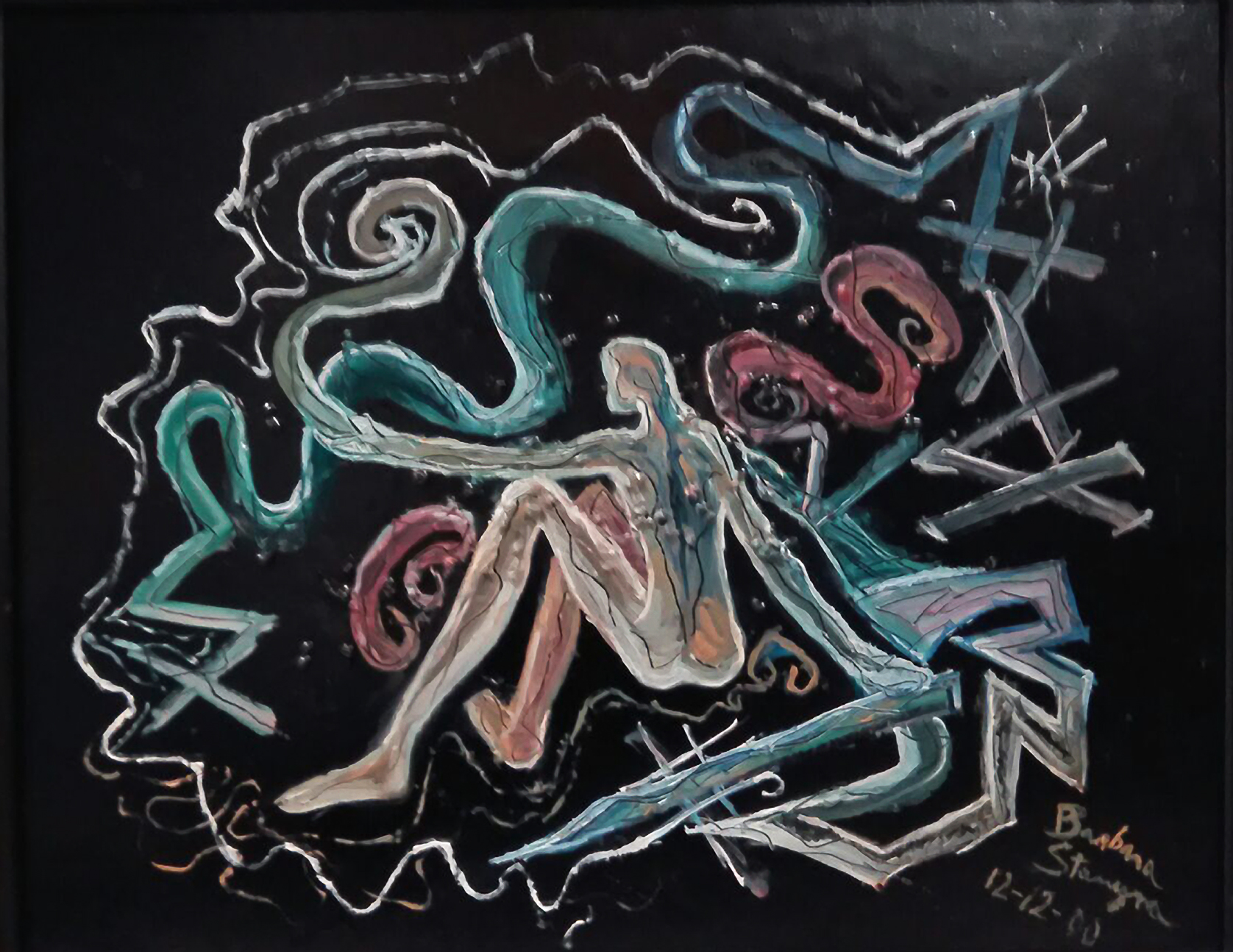multicolored oil painted abstract human figure in white, blue, gray, red pink shaded colors symbolic primordial connecton