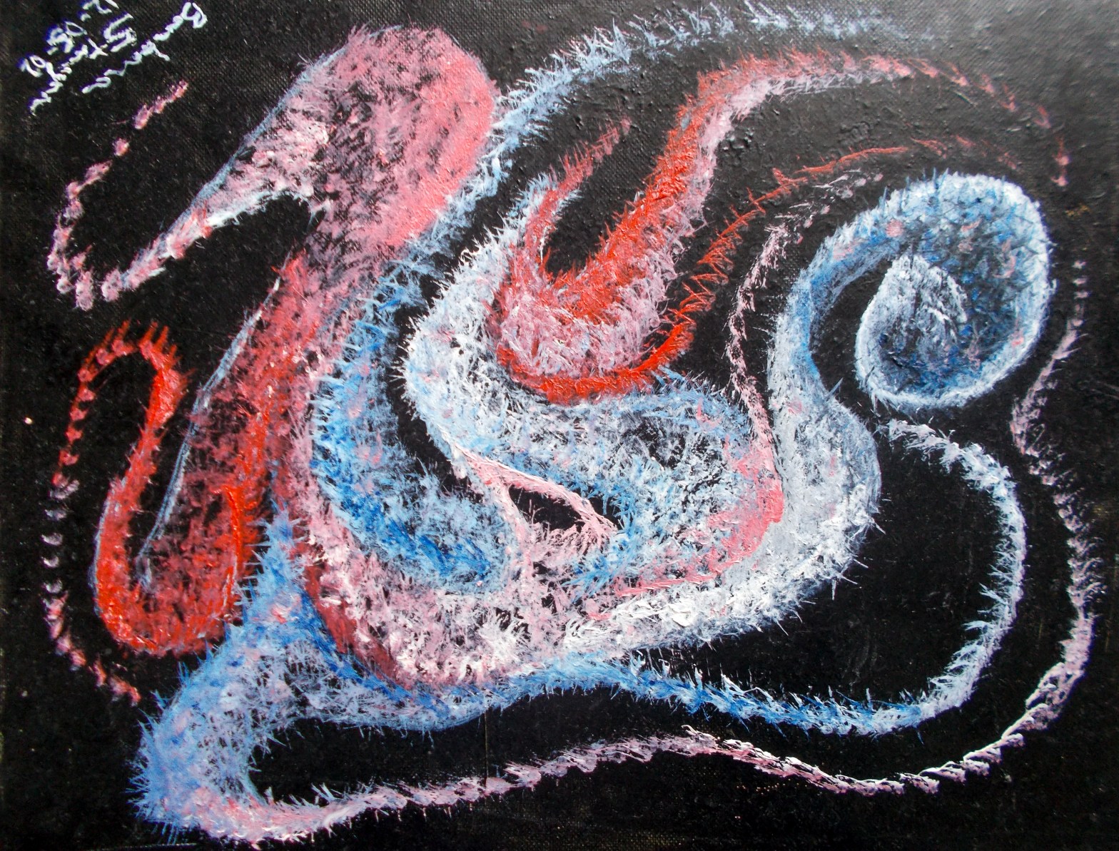 round curved shapes with bended lines on irregular black enamel background, with nuances.