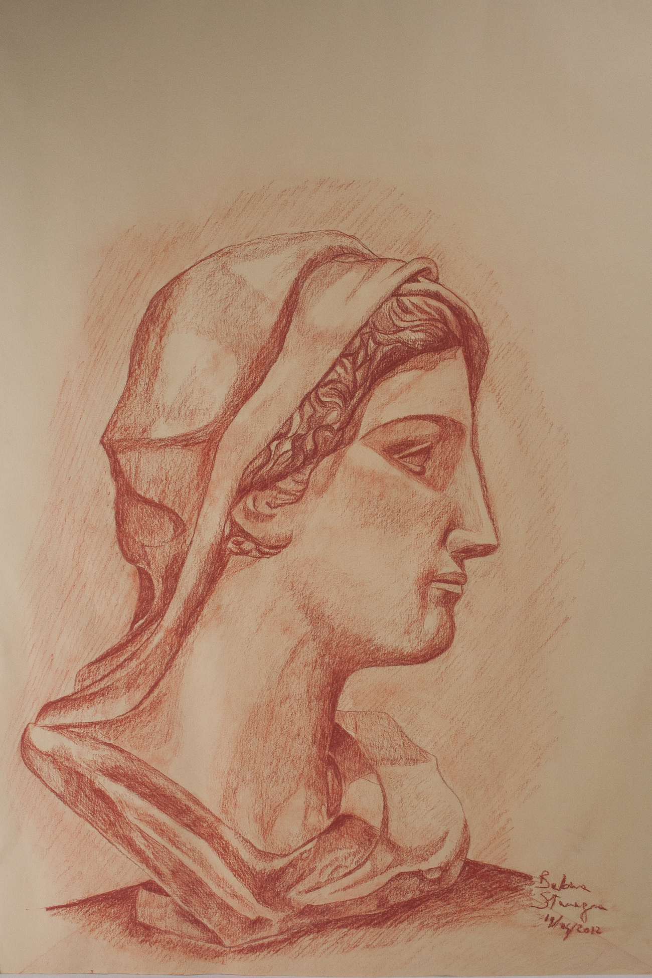 Sanguine drawing on paper representing a Roman bust