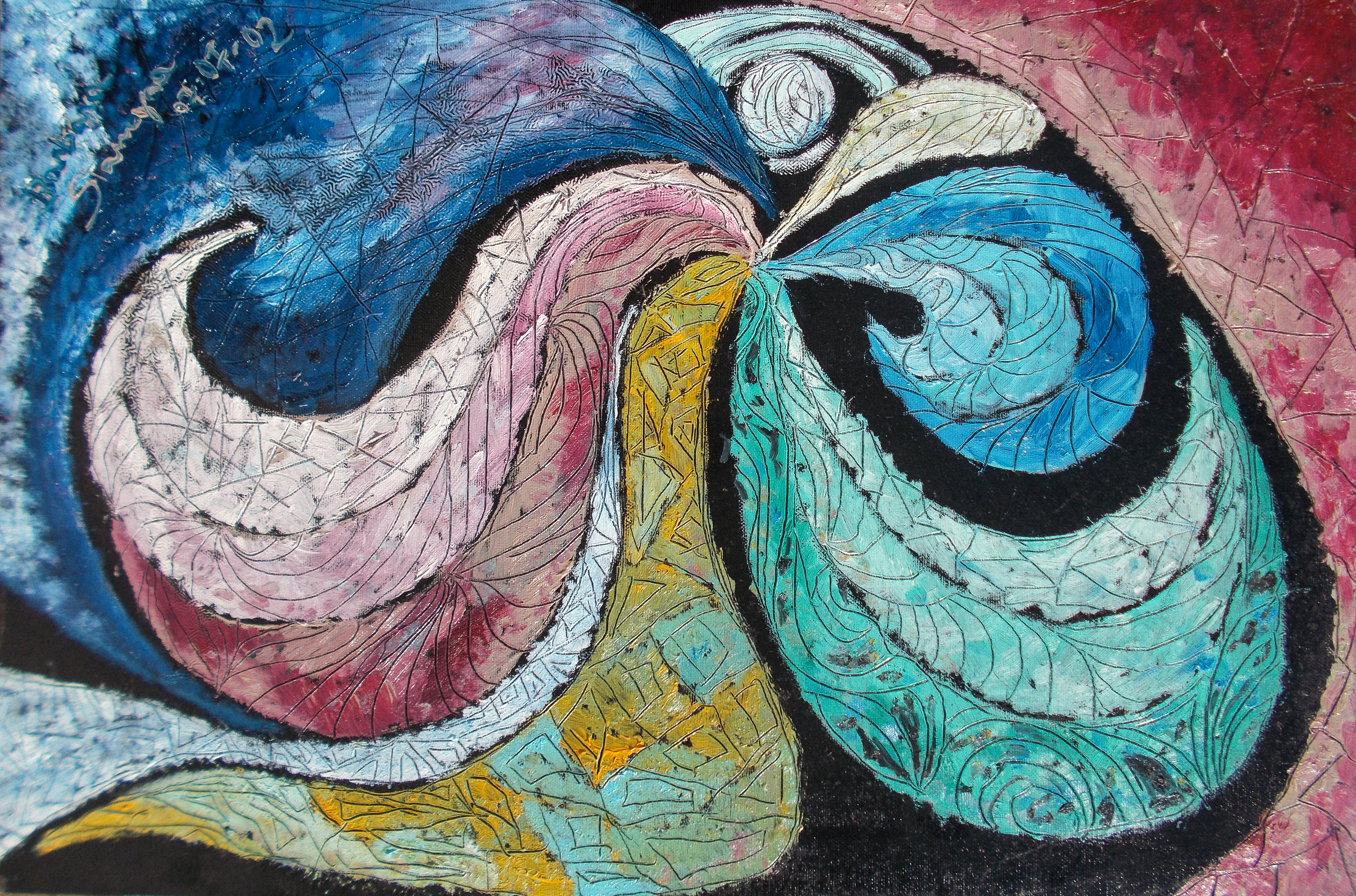 Painting image in soft tones of blue, green, white, yellow and pink colours