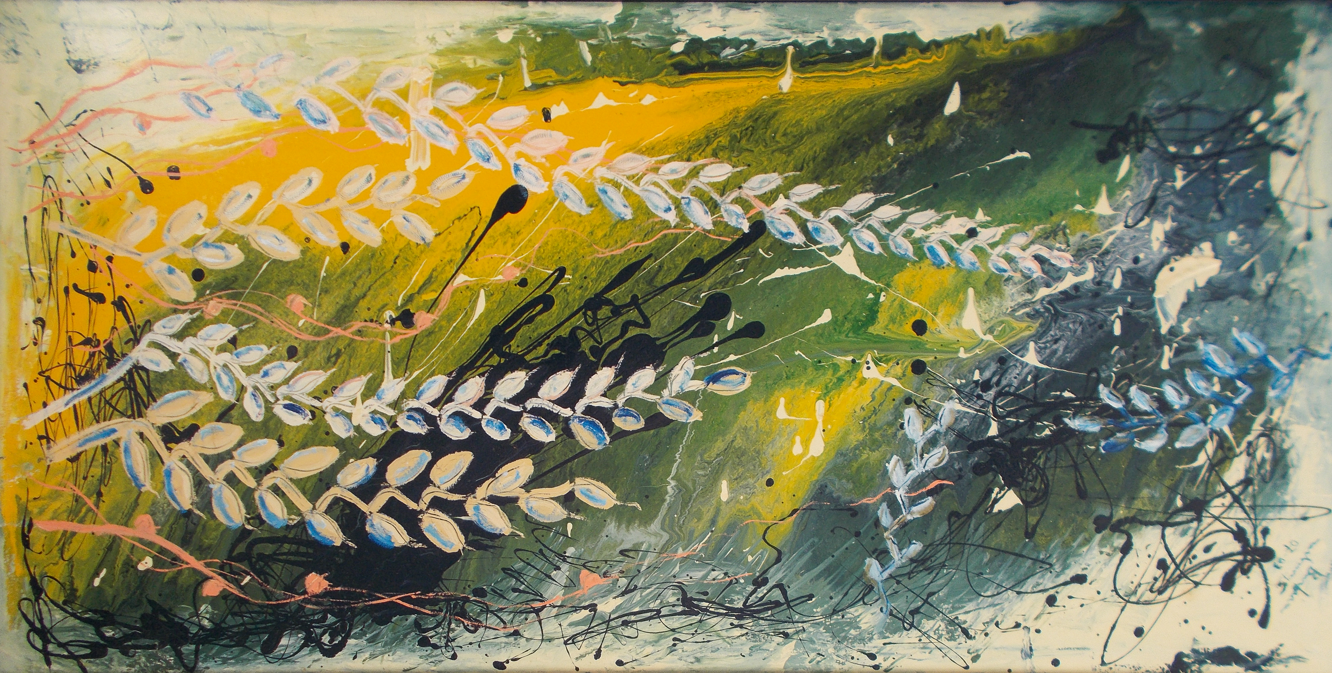 abstract plants/branches/leaves like image with bended lines on white, blue, green, yellow, light blue, creamy white mottled stormy colorful enamel  background.