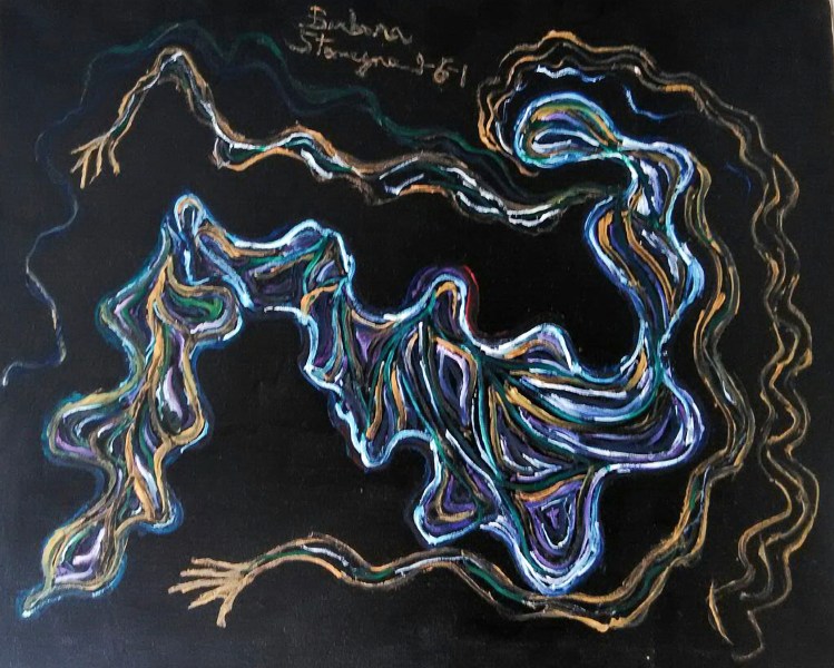 woman like thinking figure with curved lines on black enamel background.