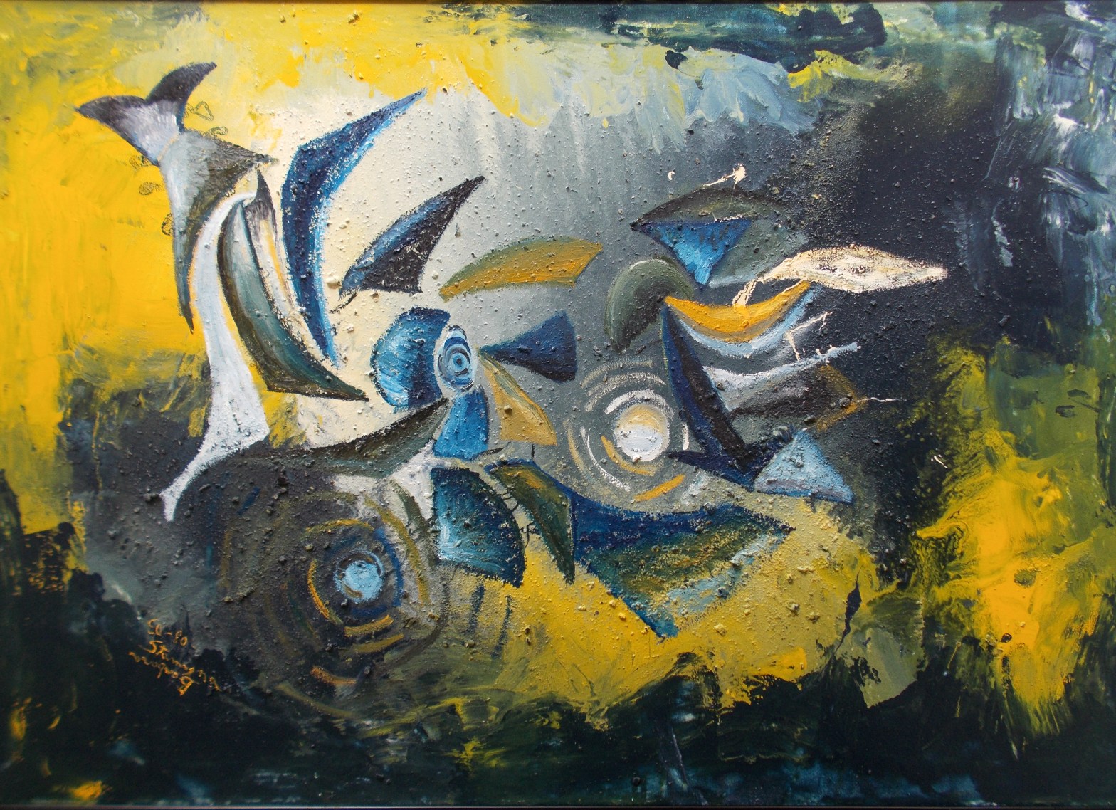 Blue, light pink, white, yellow, black, gray tones curved, geometric and circle shapes with concentric lines on mottled, colorful underwater like enamel background