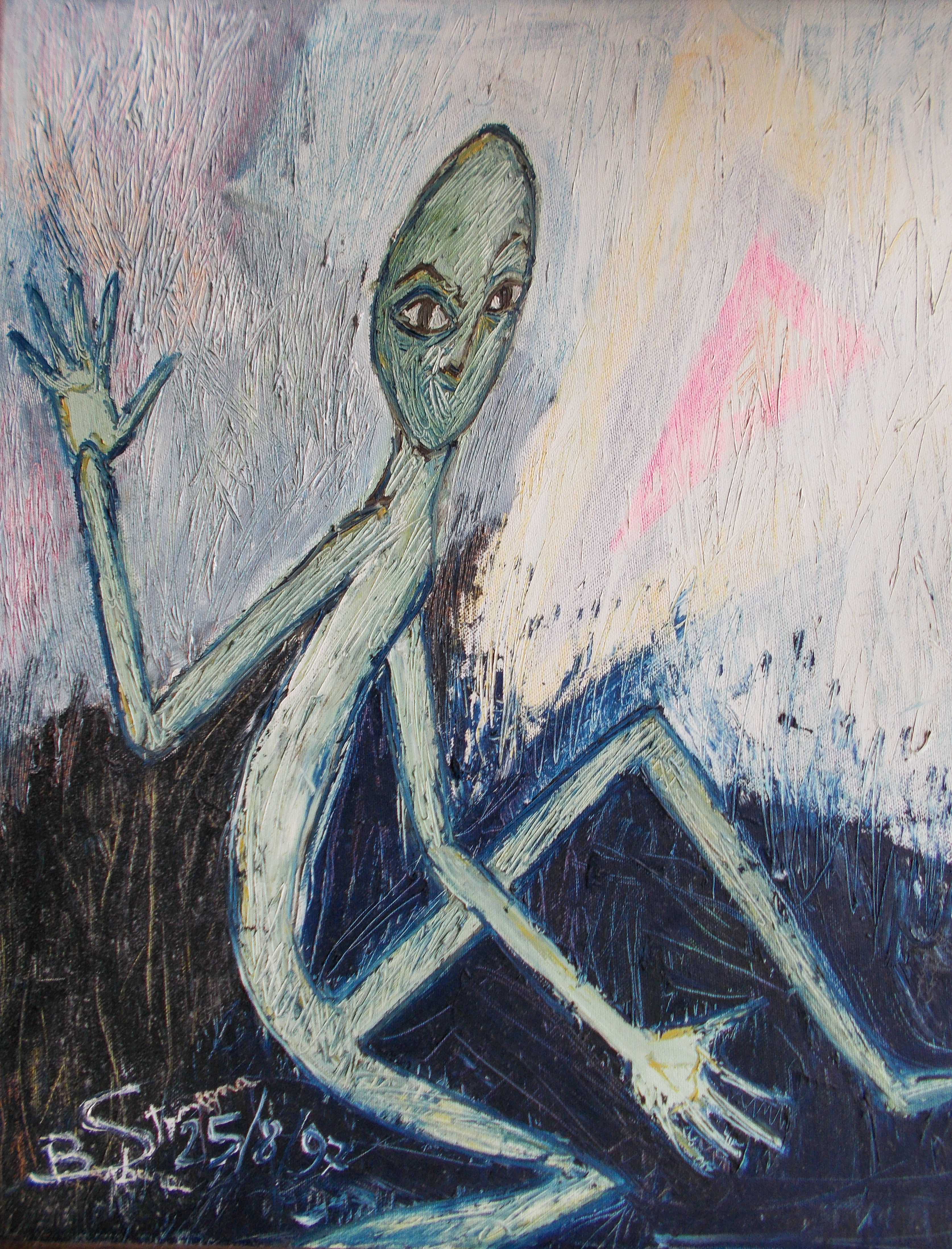 white, yellow, black, blue, light green tones abstract alien like image on yellow, pink, gray, black, blue, lilac, light green irregular background