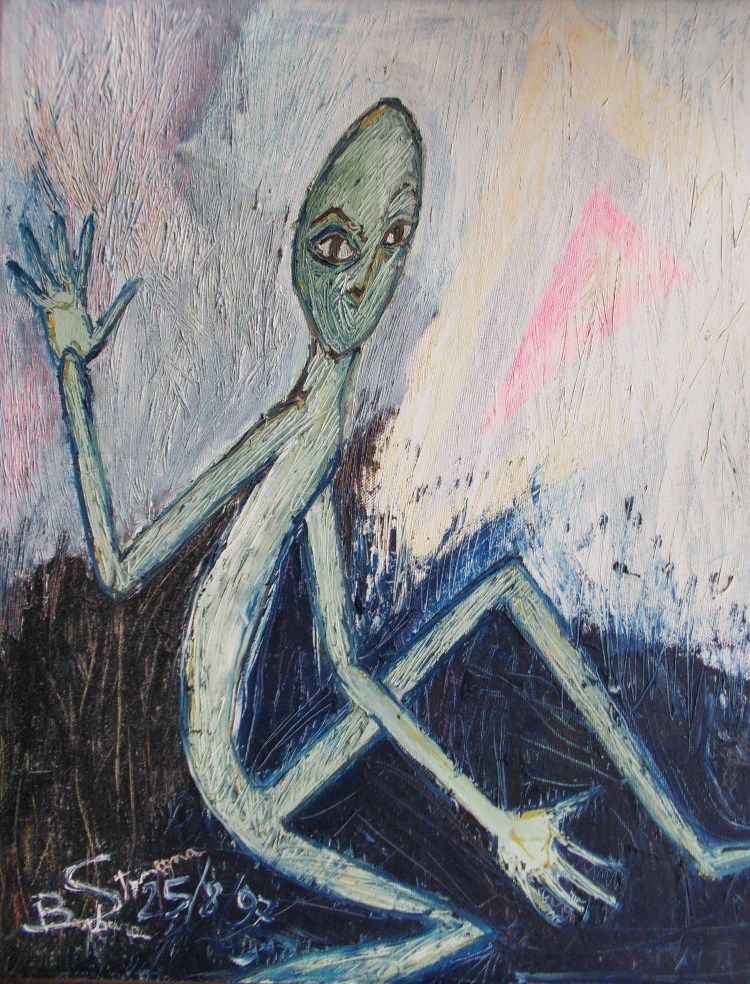 white, yellow, black, blue, light green tones abstract alien like image on yellow, pink, gray, black, blue, lilac, light green irregular background