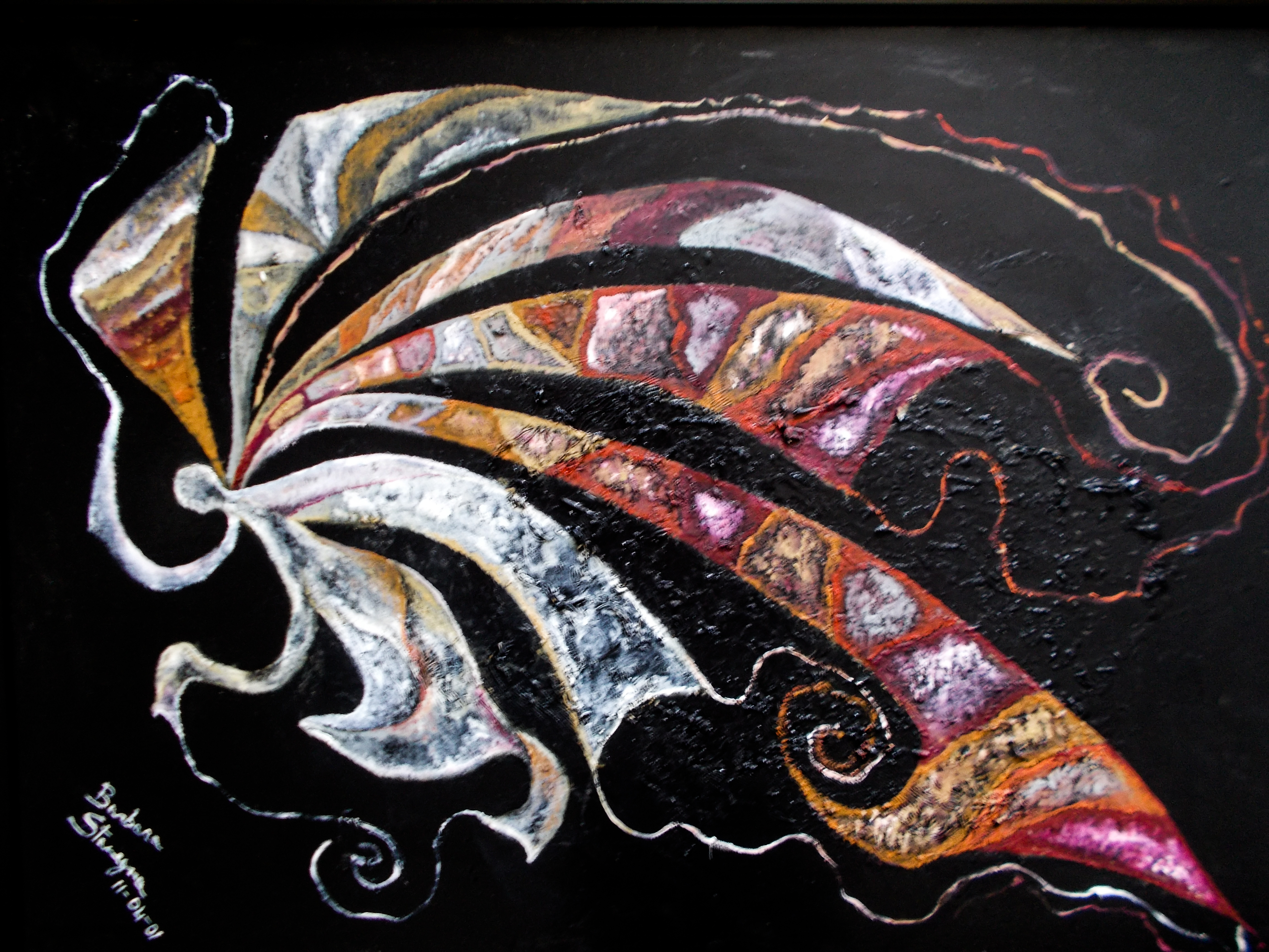 Abstract winged like curved blaming image in dark pink, light pink, white, pink, yellow, orange, gray, purple colors of a human-angel like figure with curls, bended lines and curved shapes on rough black enamel background, with nuances.