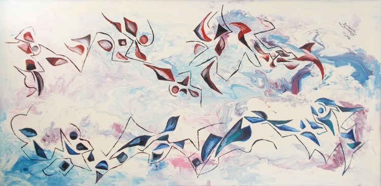 Blue and red floating abstract shapes with black and gray shades and geometric and bended black lines