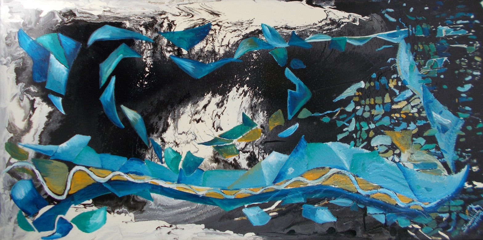 Blue, light blue, green, yellow,white, blue tones abstract under construction like image with bended lines and curved and geometric shapes