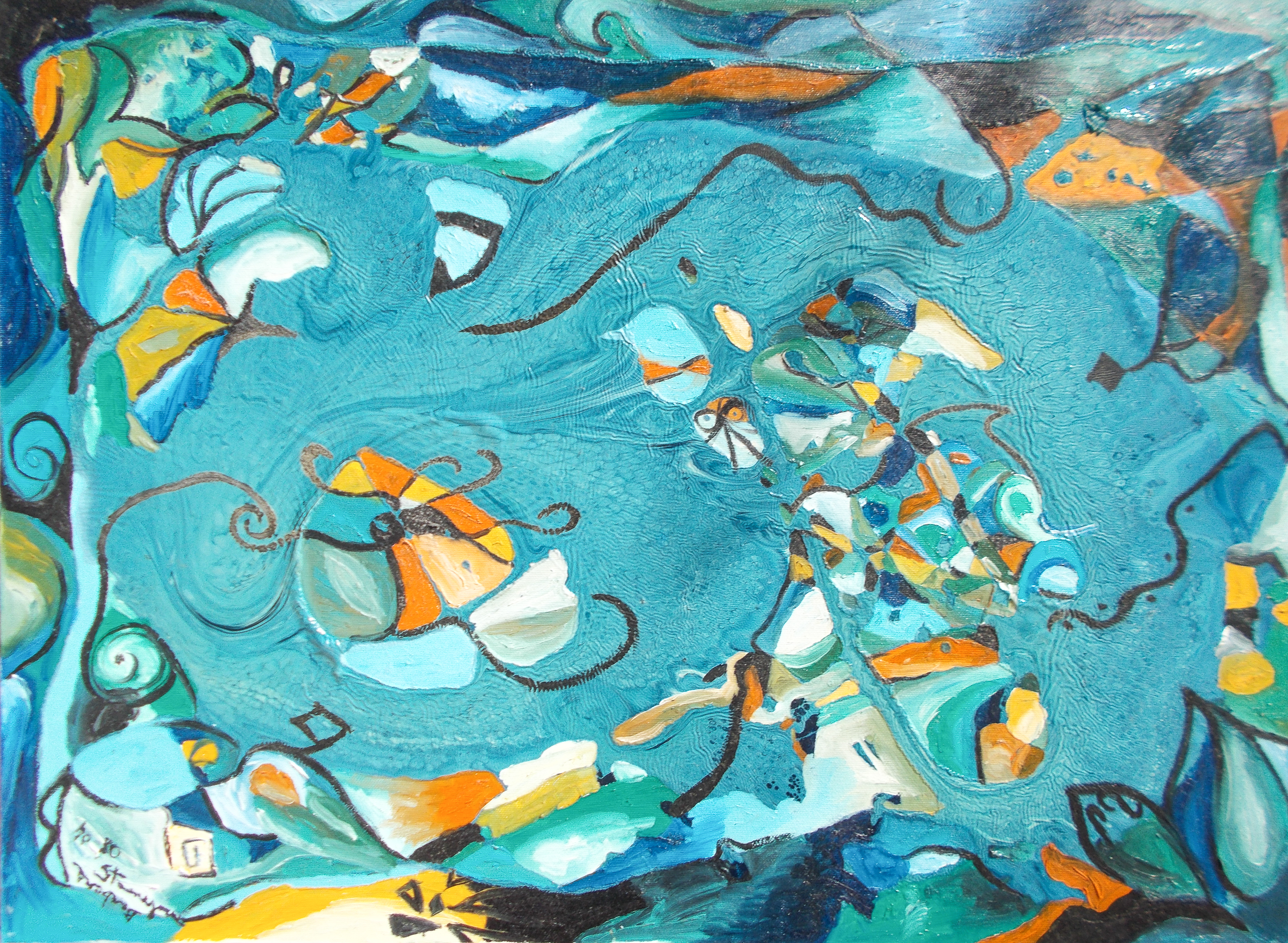 Orange, white, blue tones, yellow, black, green tones irregular abstract and geometric colored shapes image