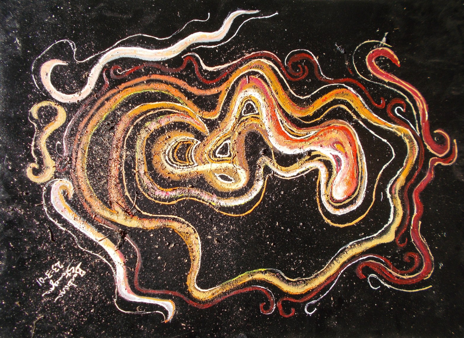 image in white, red, orange, brownish, yellow tones with curved shapes and bended lines and curls