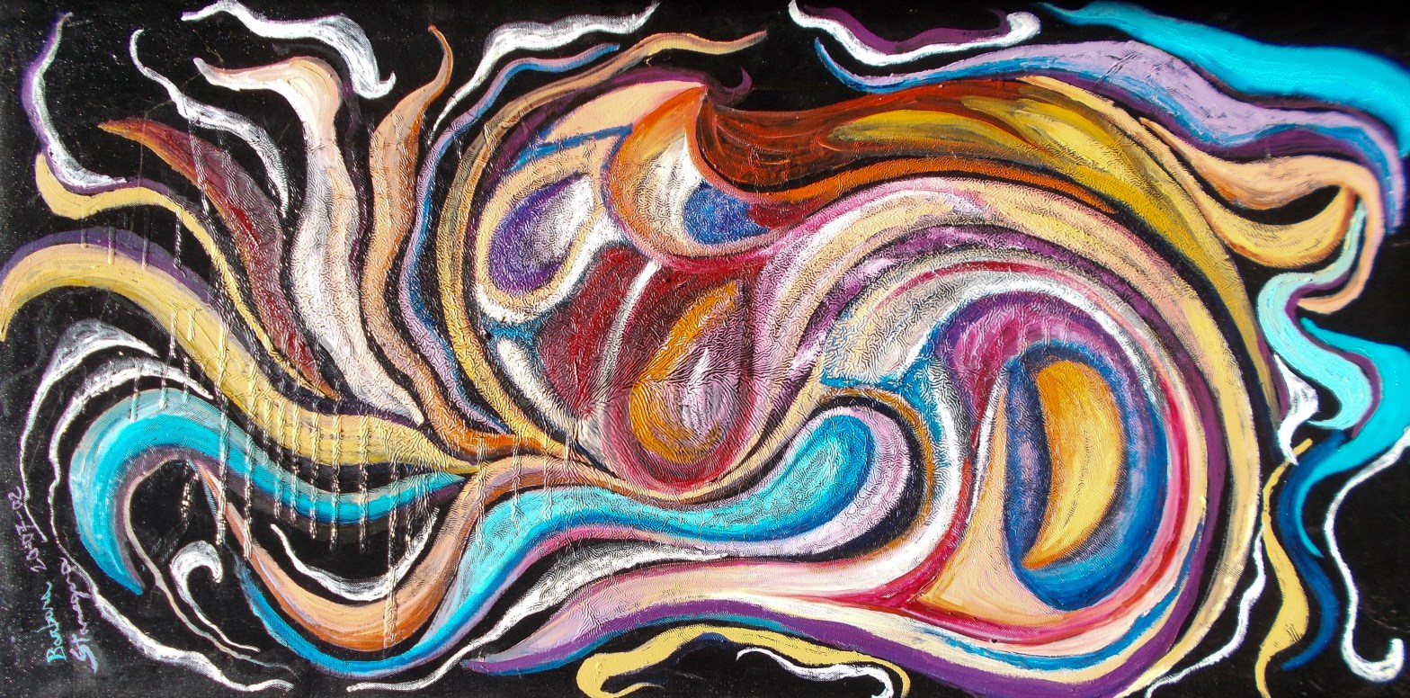 Peach, red, white, blue tones, red tones, yellow, purple tones curved colored shapes abstract image