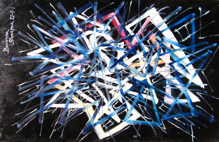 Abstract high contrast geometric image in white, dark pink, yellow, blue tones with geometric lines and shapes