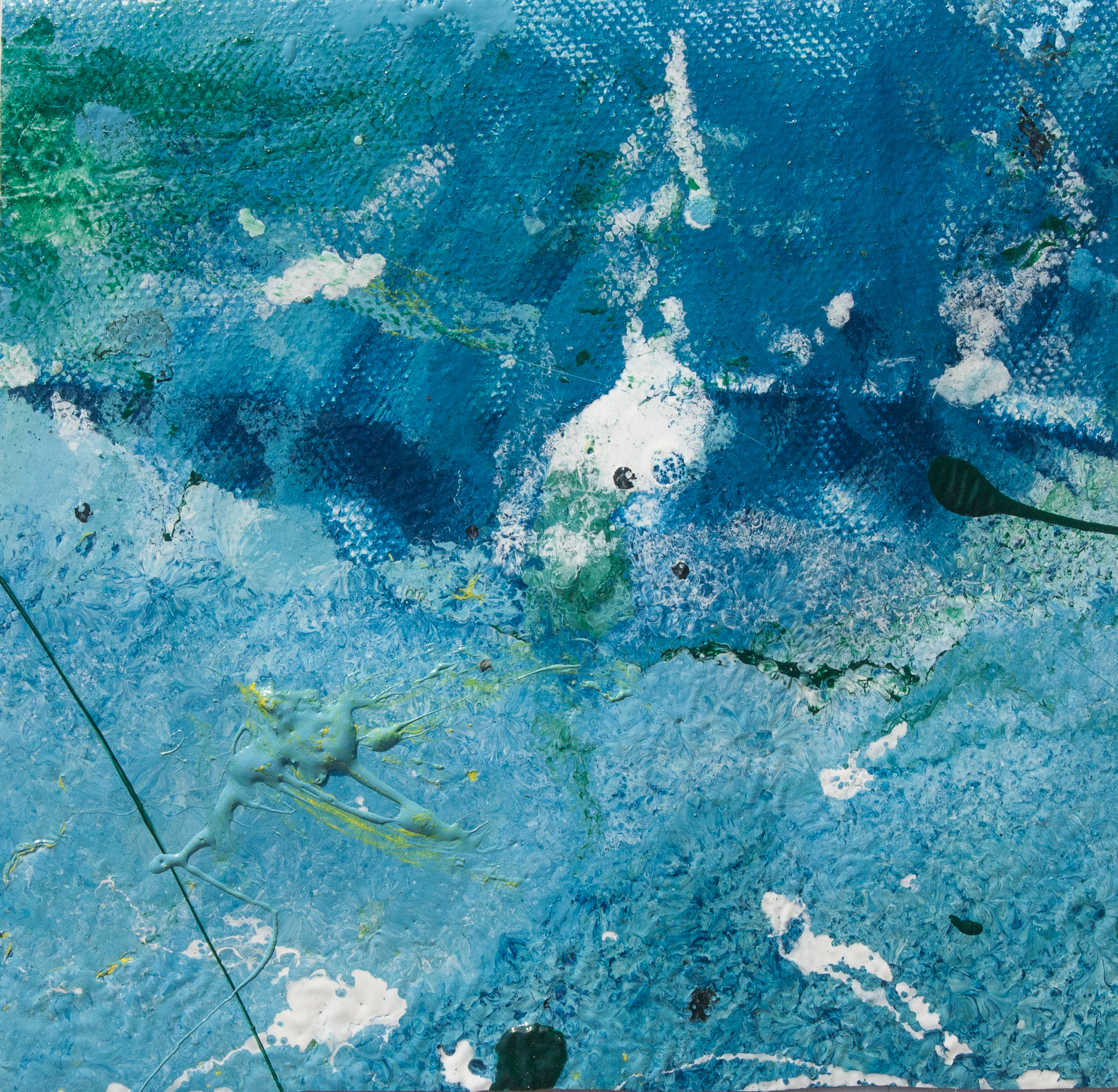 dark green abstract shapes and lines, white and yellow spots in azure