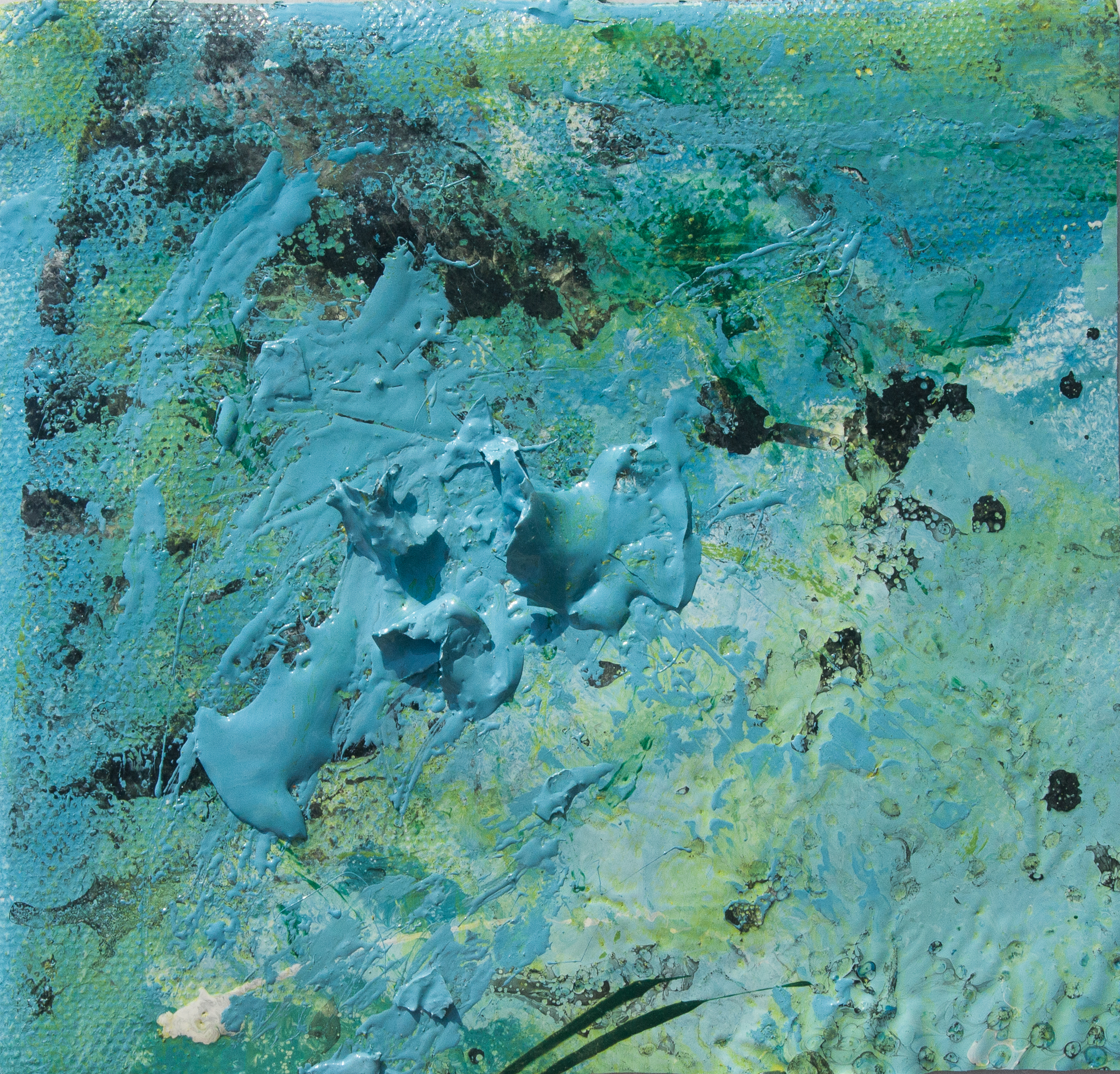 Light blue abstract image with dark green spots and dark blue dots and spots, on dappled background