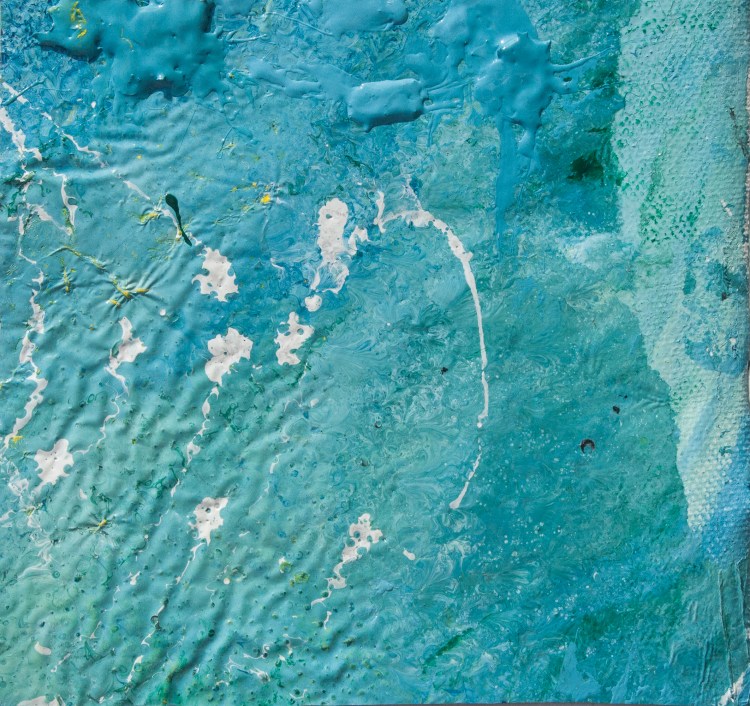 Artwork realized with enamel and tempera colors poured or dripped and smeared on canvas with a knife modified by atmospheric agents with pieces of clotted enamel.