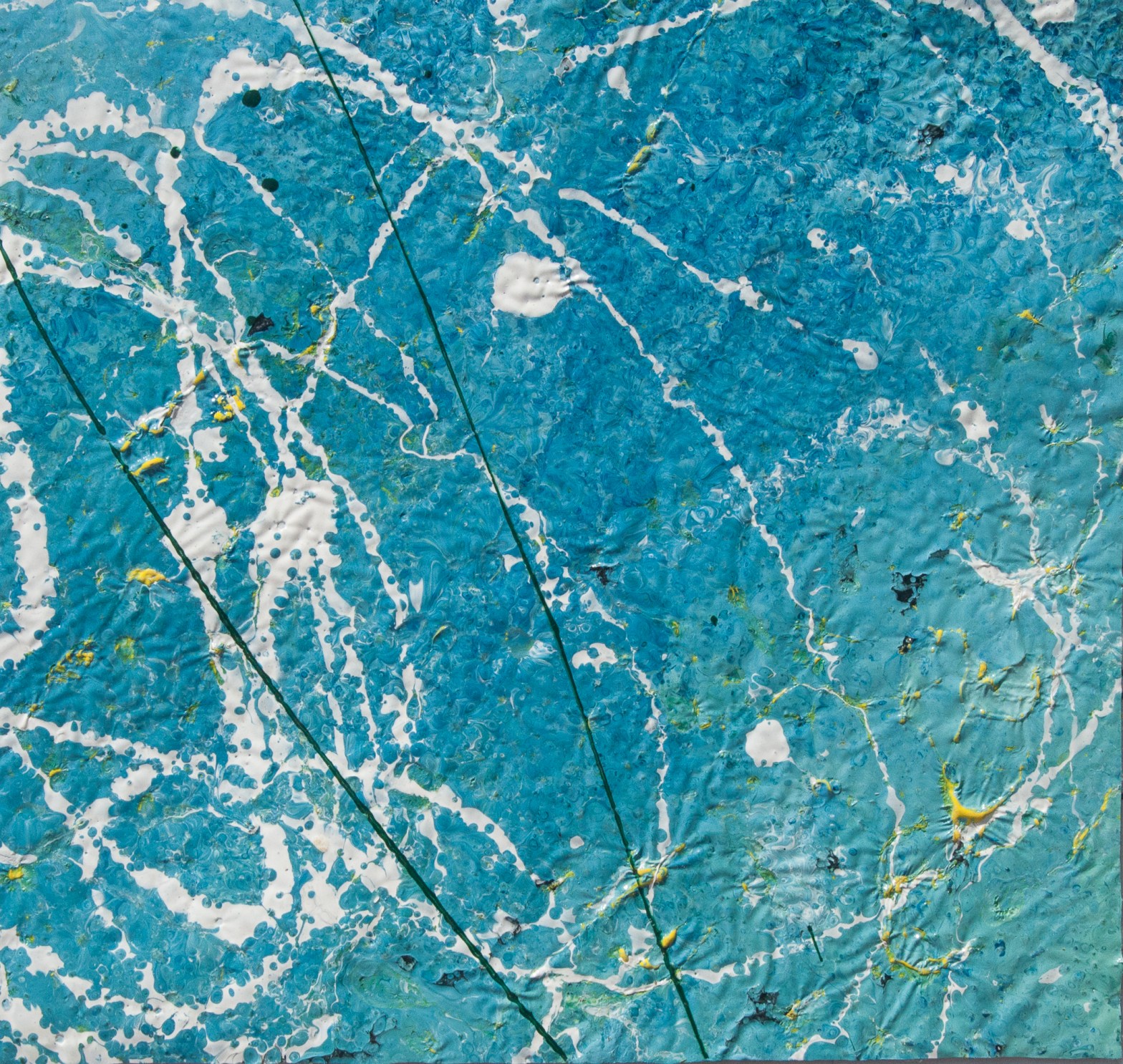 Artwork realized with enamel and tempera colors poured or dripped and smeared on canvas with a knife modified by atmospheric agents with pieces of clotted enamel.