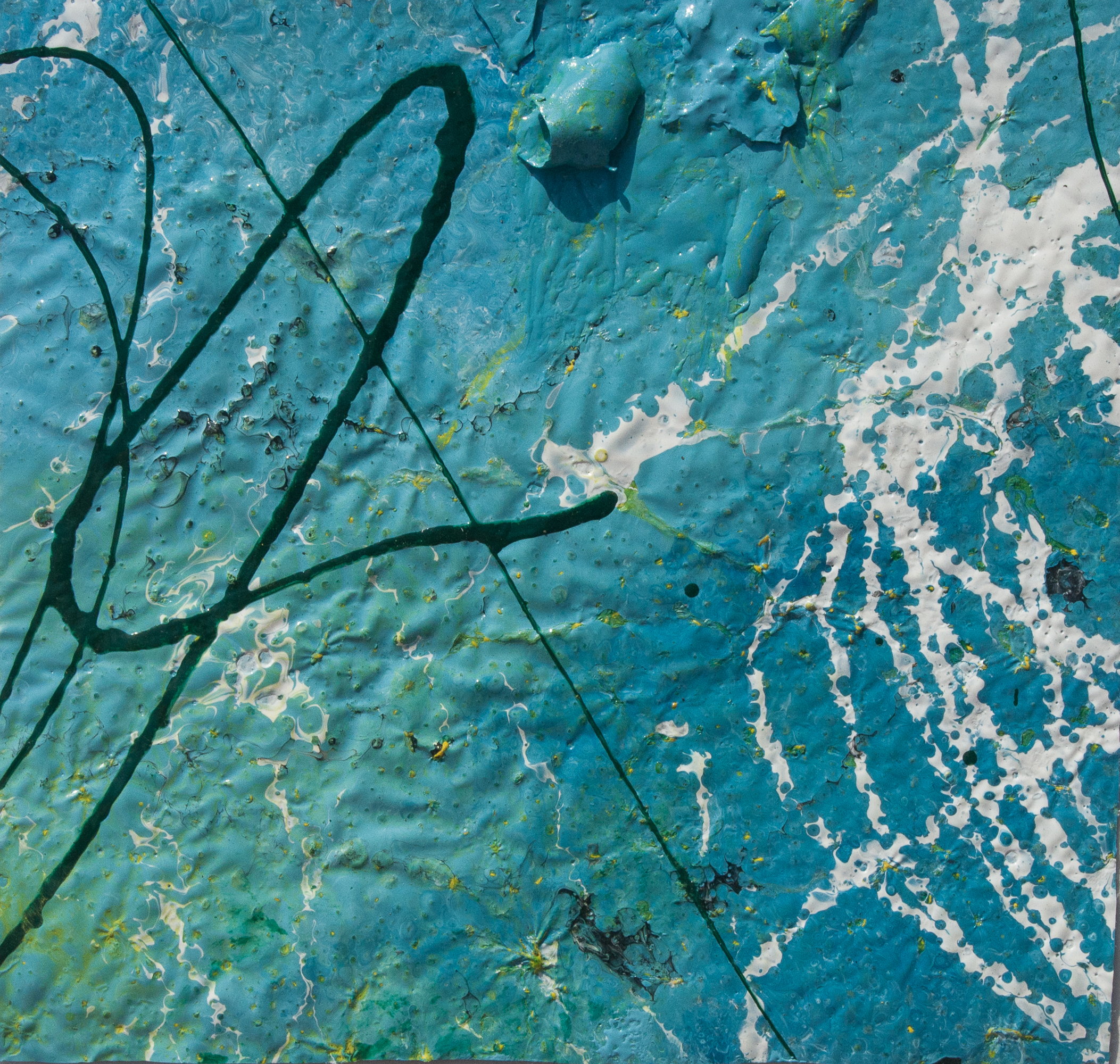 Artwork realized with enamel and tempera colors poured or dripped and smeared on canvas with a knife modified by atmospheric agents with pieces of clotted enamel.