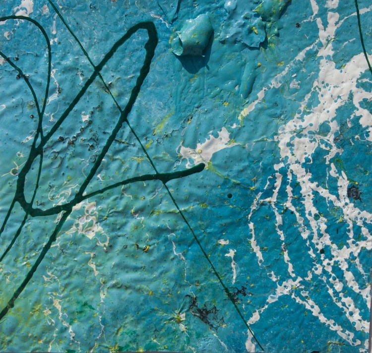 Artwork realized with enamel and tempera colors poured or dripped and smeared on canvas with a knife modified by atmospheric agents with pieces of clotted enamel.