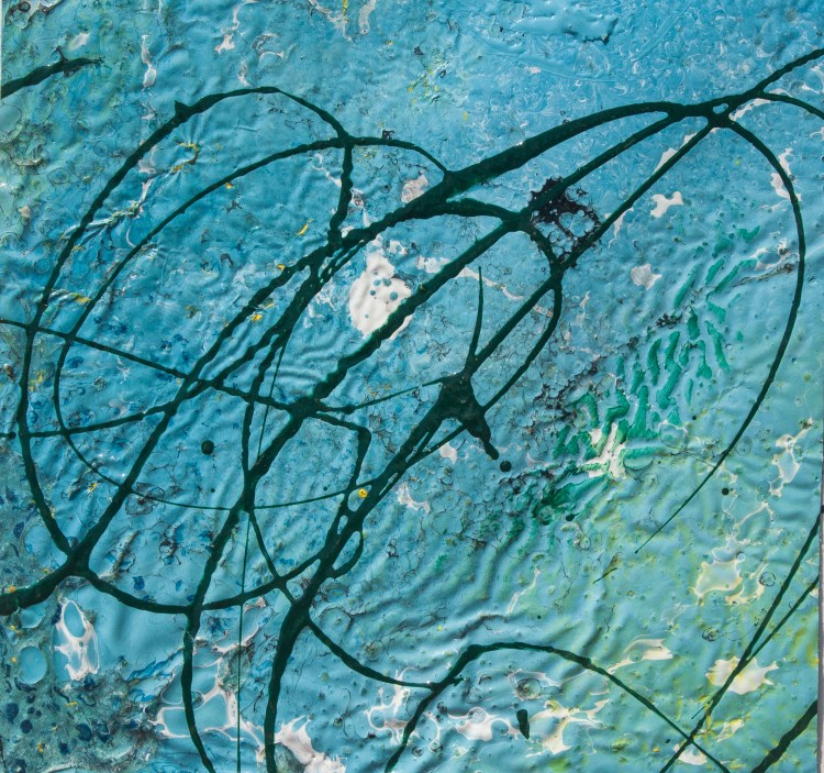 Artwork realized with enamel and tempera colors poured or dripped and smeared on canvas with a knife modified by atmospheric agents.