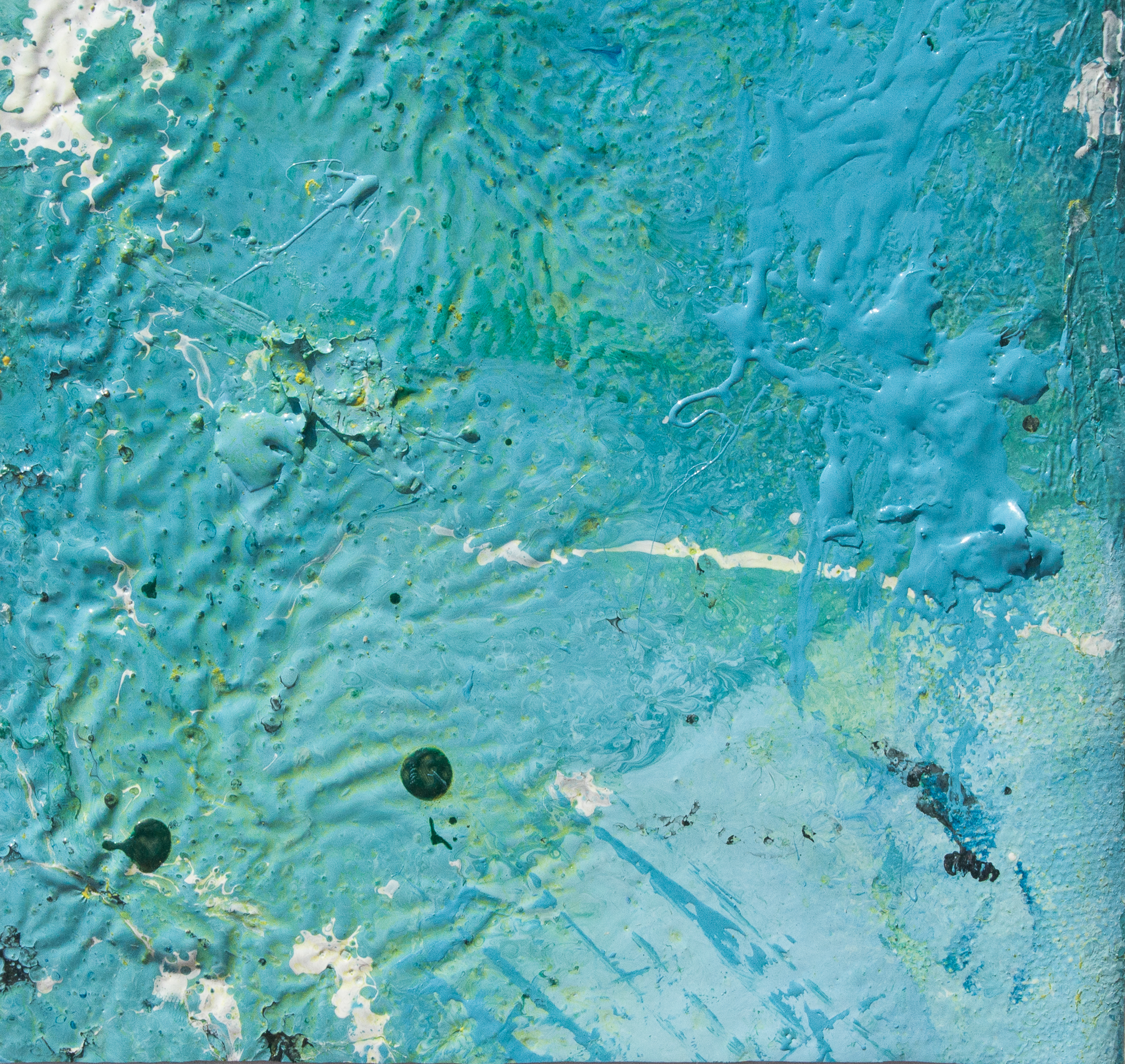 Artwork realized with enamel and tempera colors poured or dripped and smeared on canvas with a knife modified by atmospheric agents with pieces of clotted enamel. This artwork is the n. 11 of the 30 equal pieces