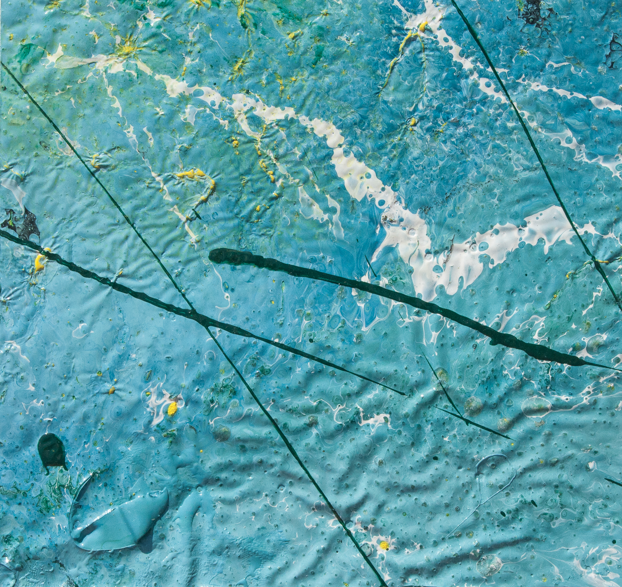 yellow streaks and dots on blue color tones with irregular background. Artwork realized with enamel and tempera colors poured or dripped and smeared on canvas with a knife modified by atmospheric agents with pieces of clotted enamel.