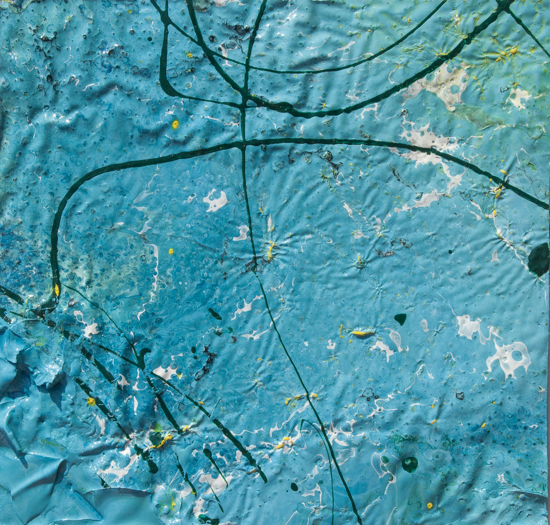 Artwork realized with enamel and tempera colors poured or dripped and smeared on canvas with a knife modified by atmospheric agents with pieces of clotted enamel.