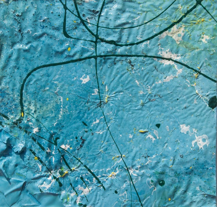 Artwork realized with enamel and tempera colors poured or dripped and smeared on canvas with a knife modified by atmospheric agents with pieces of clotted enamel.