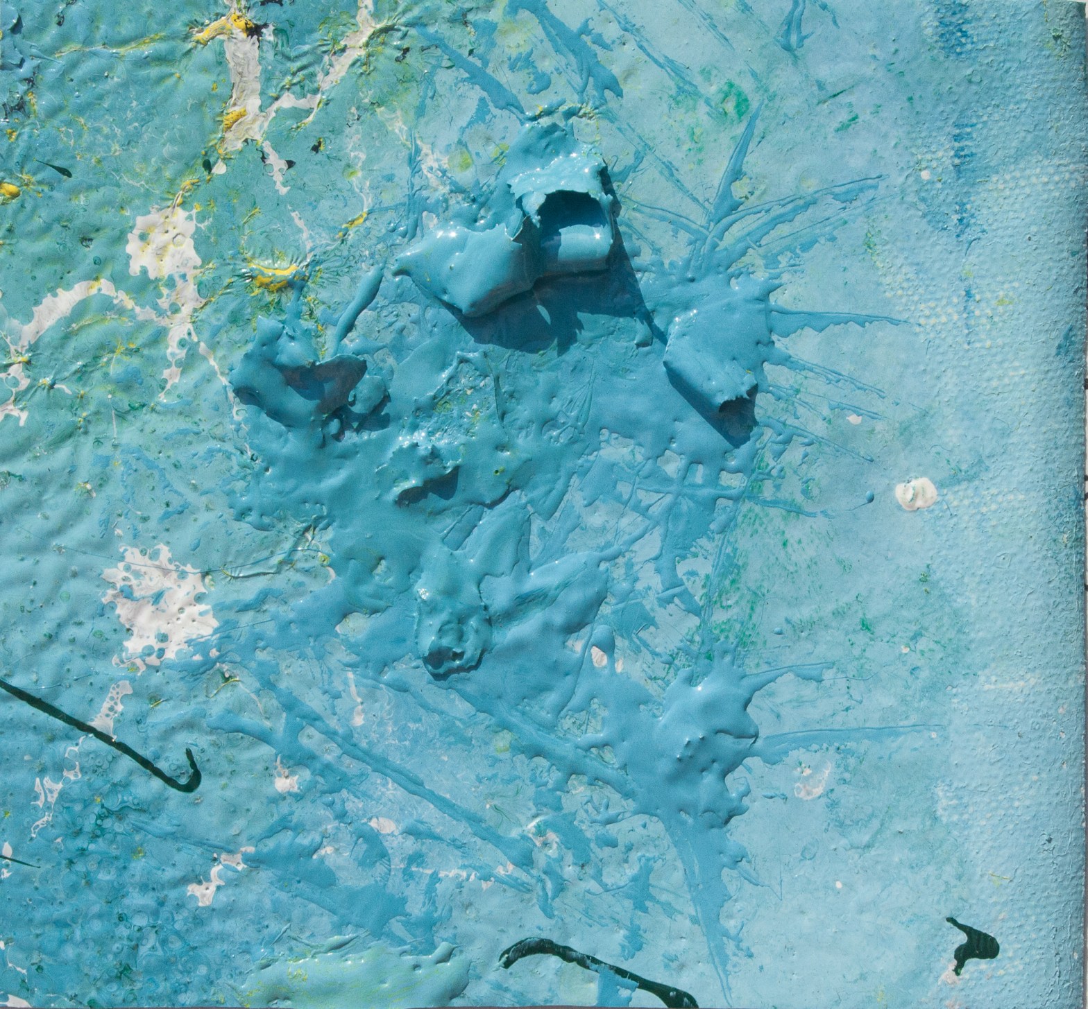 Artwork realized with enamel and tempera colors poured or dripped and smeared on canvas with a knife modified by atmospheric agents.