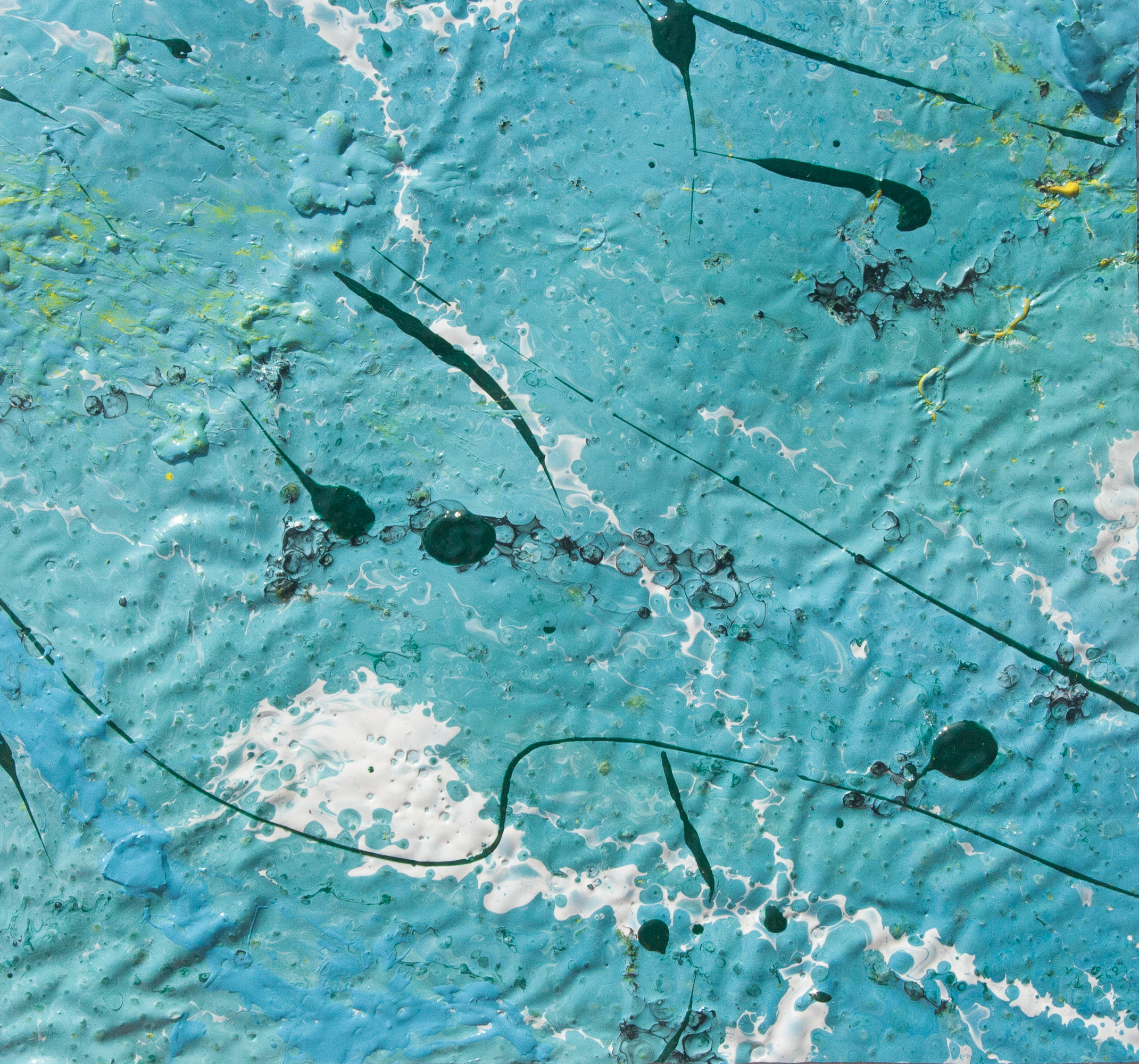 enamel and tempera colors poured or dripped and smeared on canvas with a knife modified by atmospheric agents with pieces of clotted enamel. This artwork is the n. 17 of the 30 equal pieces